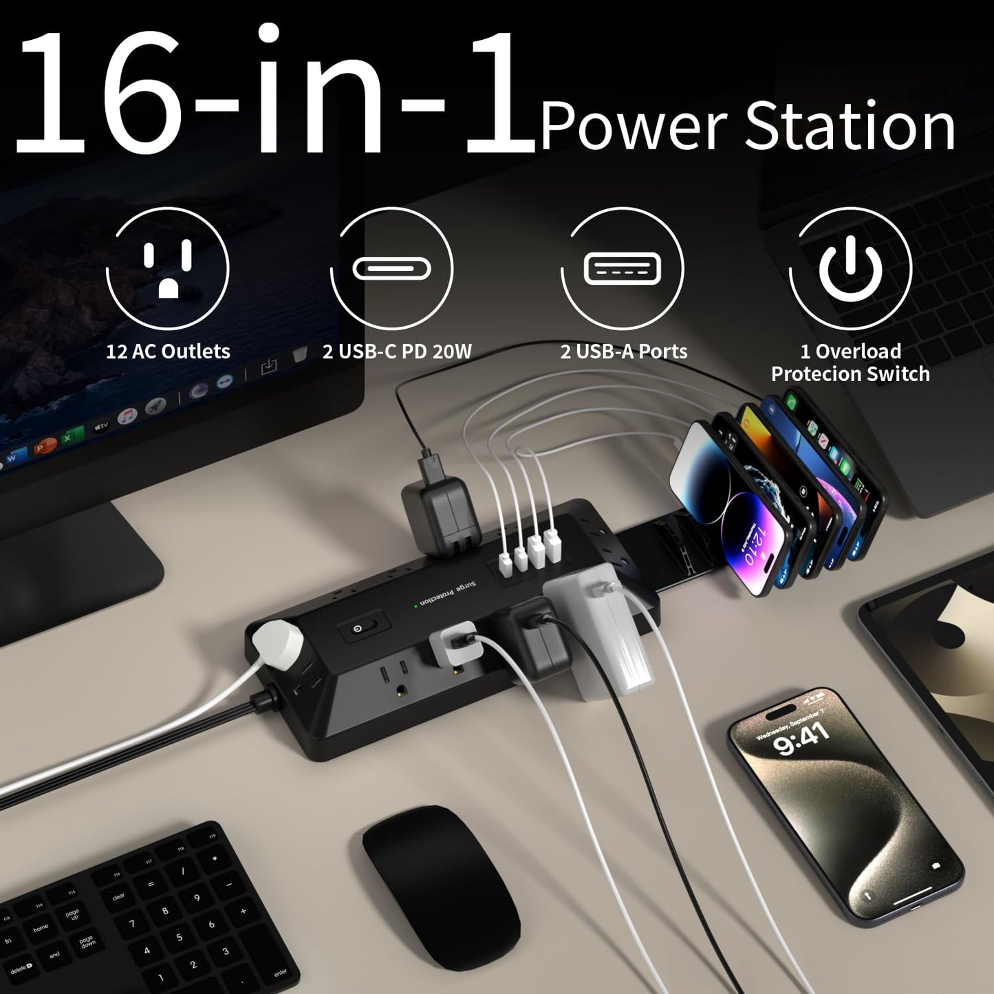 Surge Protector Power Strip with USB Ports, 12 Outlets 2 USB-C 2 USB-A, 6 Ft Flat Plug Extension Cord, Multi Plug Outlet as Charging Station for Desk