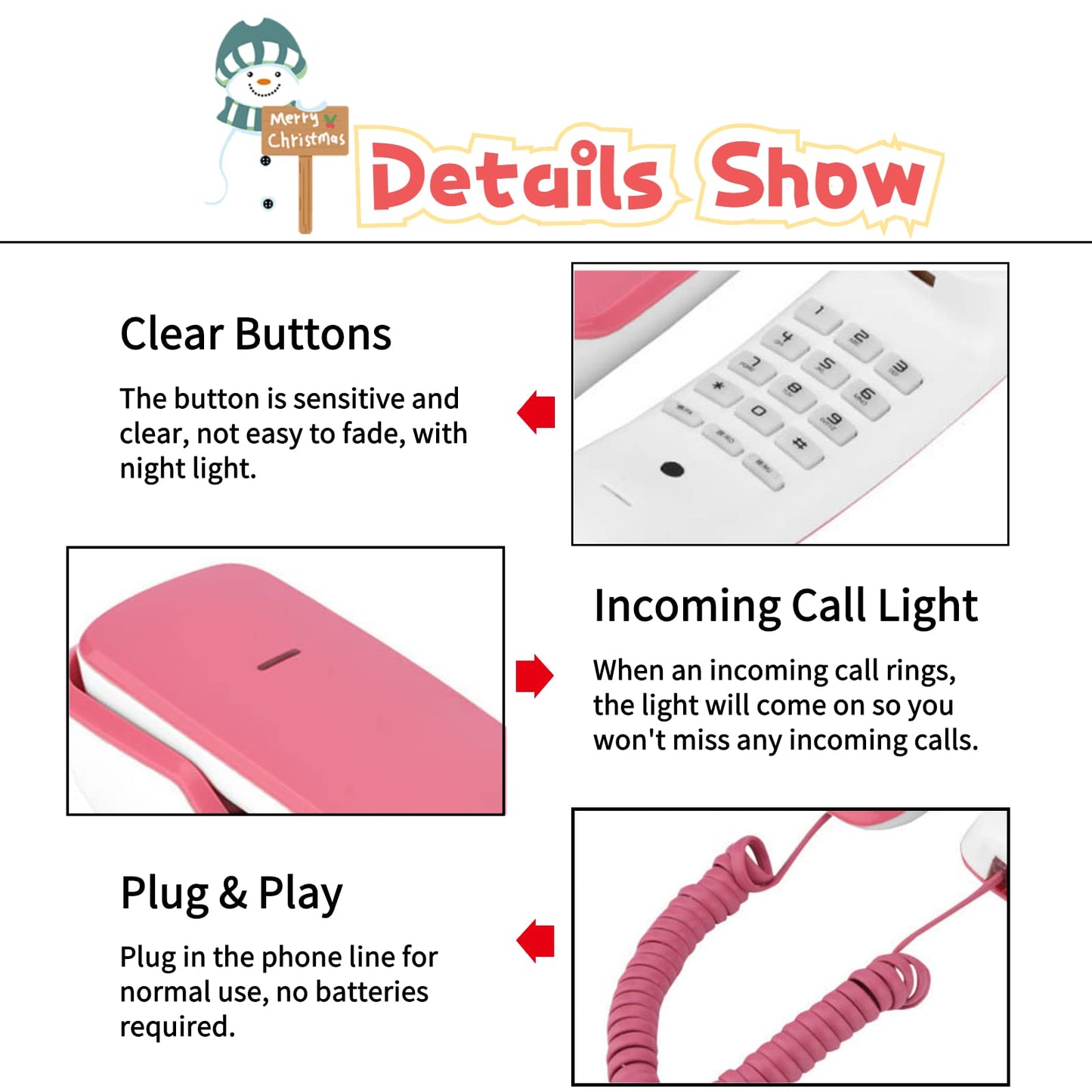 Wall-Mounted Telephone Corded Phones Home Phone, Desk/Wall-Mounted Telephone with Pause/Mute/Redial, Wall Phones Landline Telephones