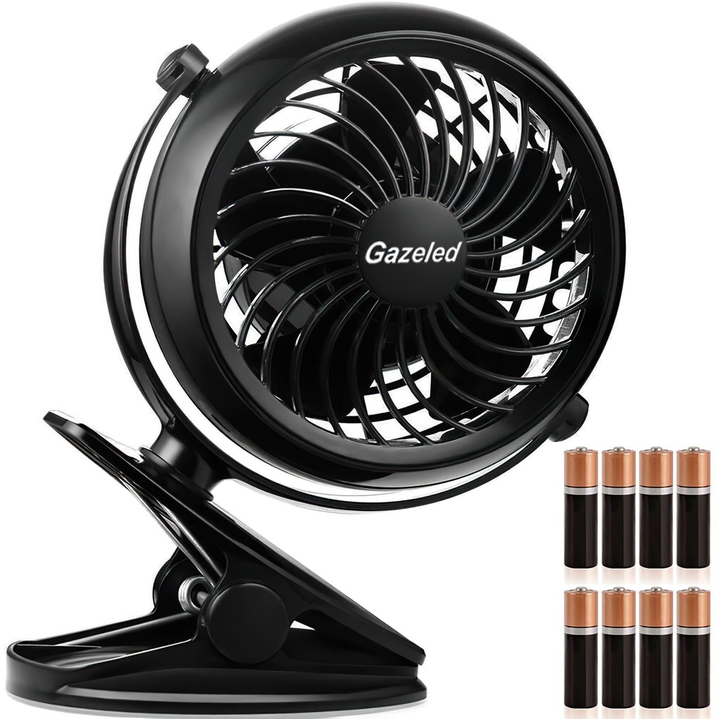 Gazeled Clip on Fan Battery Operated, 360° Rotation, with 8 Free AA Batteries, Quiet USB or Battery Operated Fan, 5'' Portable Battery Powered Clip on