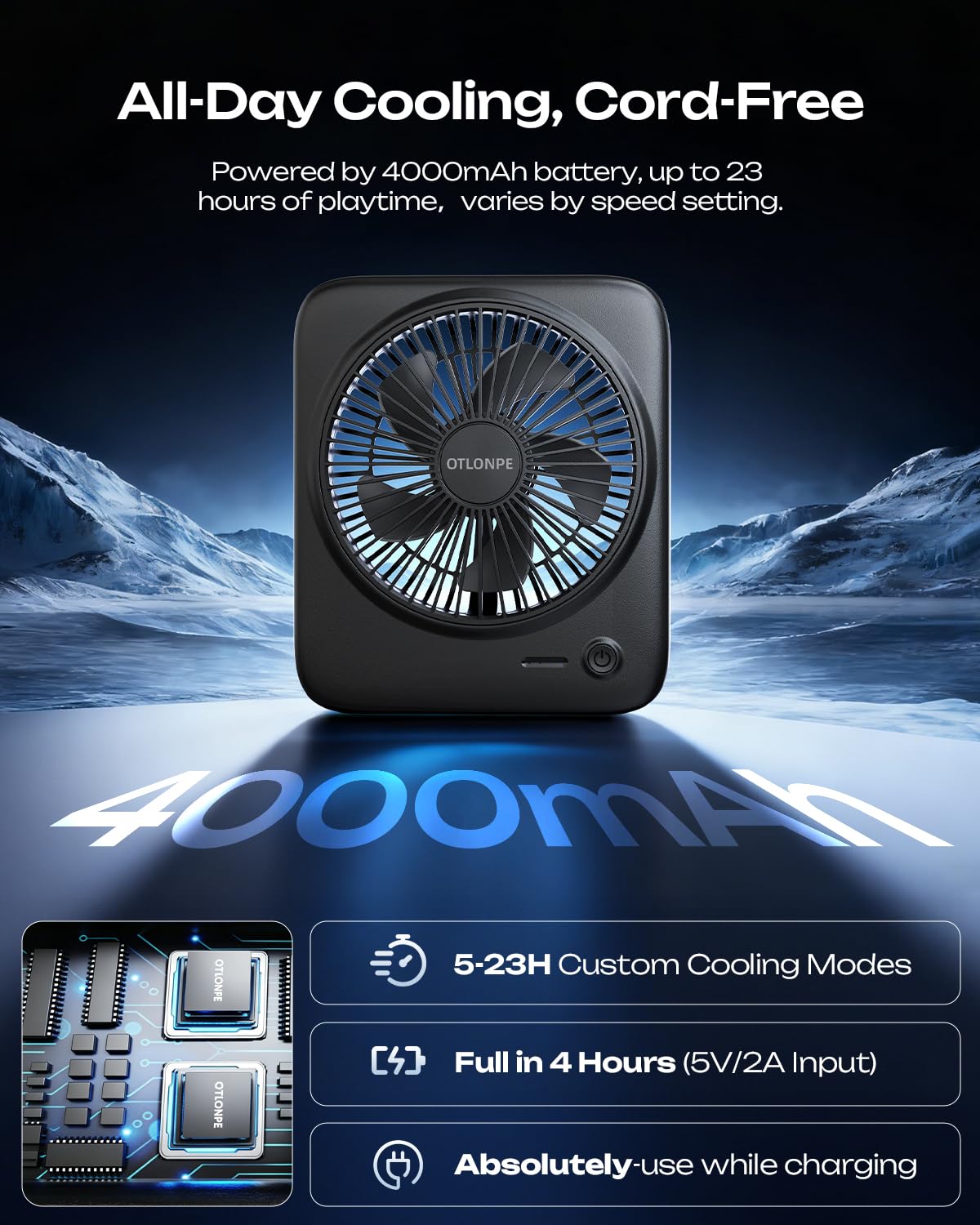Otlonpe Personal Portable Desk Fan, 4000mAh Small Rechargeable Portable Fan Battery Operated & USB Powered for Travel Sleeping Bedroom Office Home