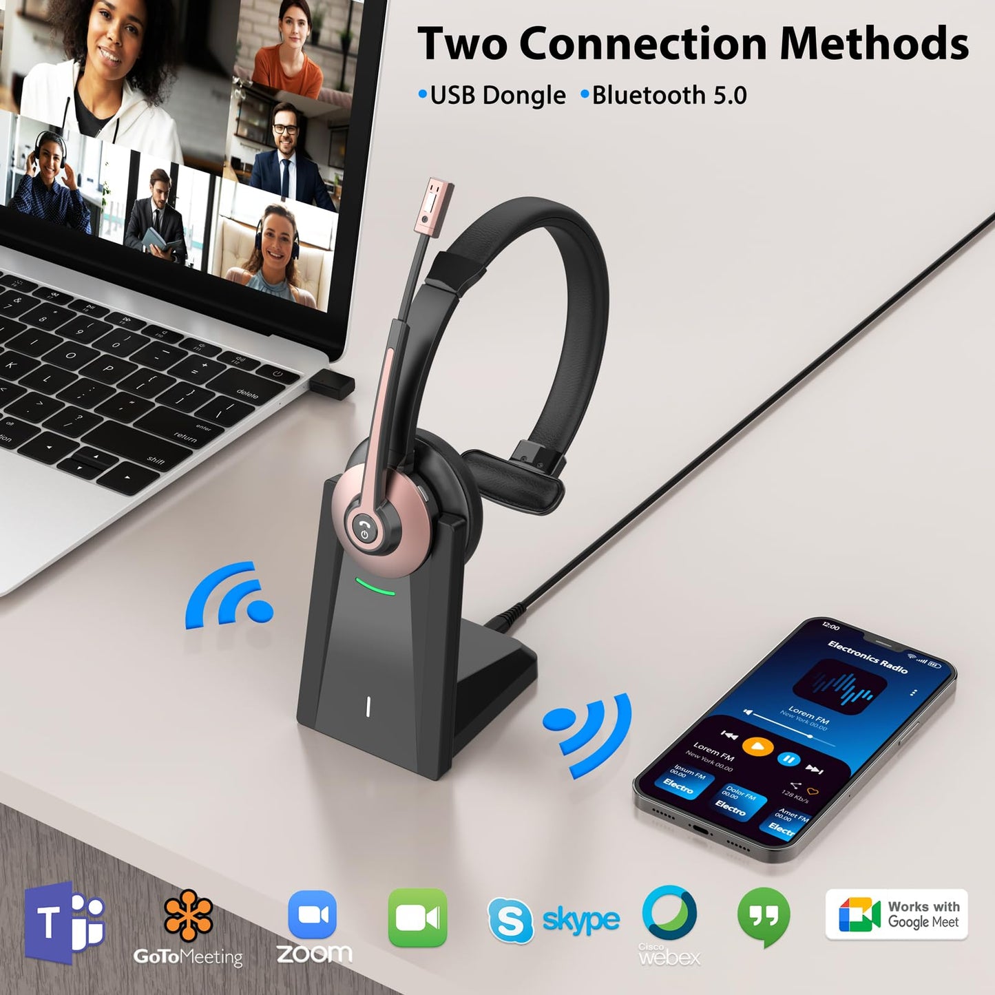 Wireless Headset with Mic for Work, Bluetooth Headset with Noise Cancelling Mic & USB Dongle for Meeting, Single Ear Work Headset with Charging Base