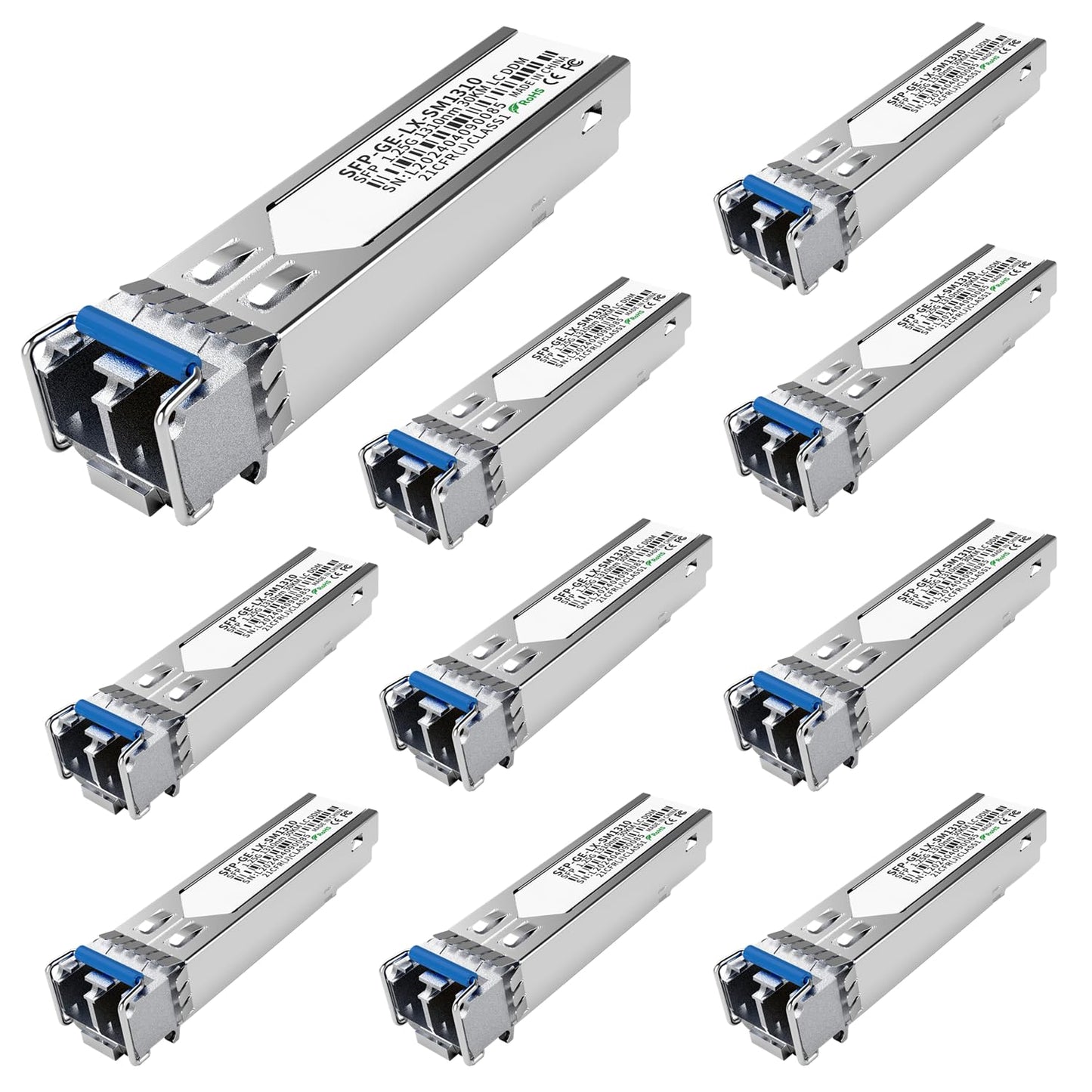 10Pack 1.25G SFP LC Module 1000Base-LX Single-Mode Transceiver (SMF, 1310nm, 20km, DDM) - Compatible with Cisco GLC-LH-SMD, Ubiquiti UniFi, Meraki