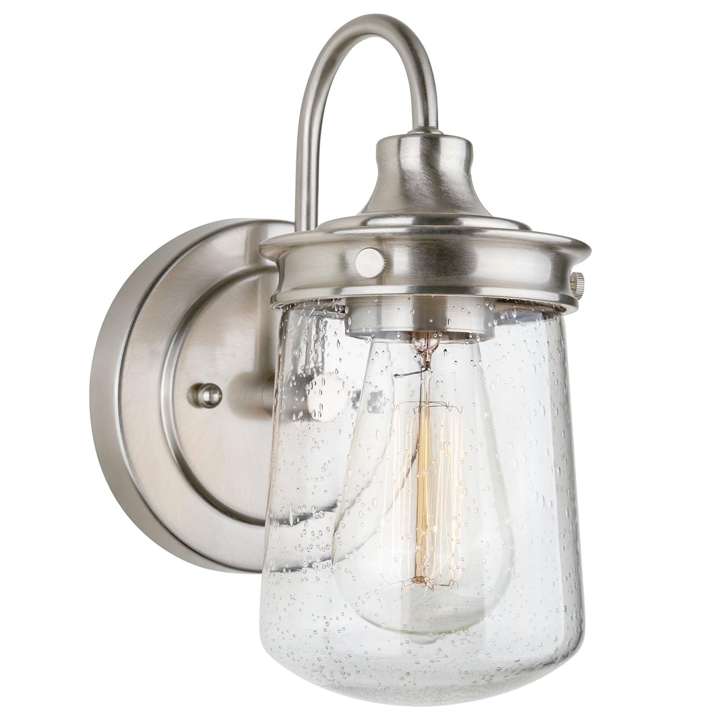 Kira Home Mason 10" Modern Farmhouse Wall Sconce with Seeded Glass Jar Shade, Industrial Silver Gooseneck Wall Light, Brushed Nickel Finish