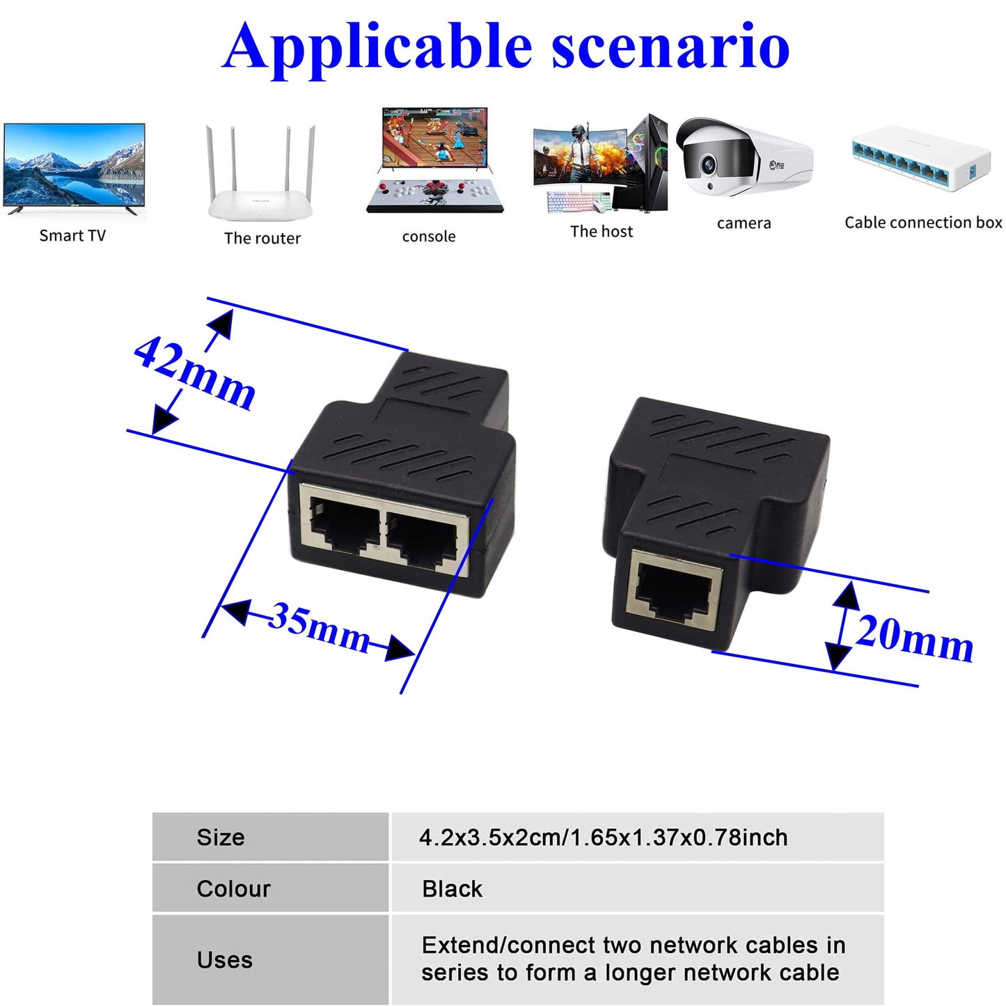 ZUYOOK Ethernet Cable RJ45 Splitter Adapter 1 to 2 Double Contact Modular Plug Connect(Can't Run Both at The Same TIME) LAN Network Internet Splitter