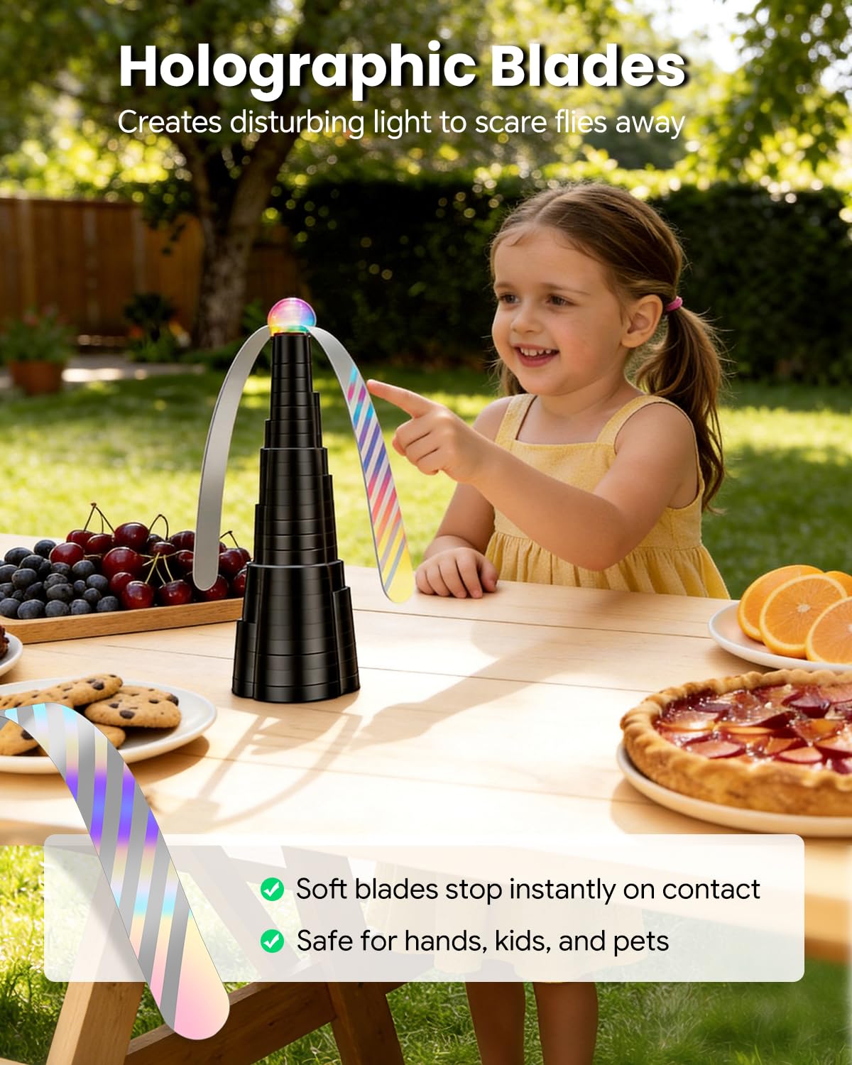 Fly Fans for Tables, Rechargeable Fly Fan Table Top Fan with LED Light, Fly Spinner with Soft Holographic Blades for Picnic, Restaurant, Party, Home