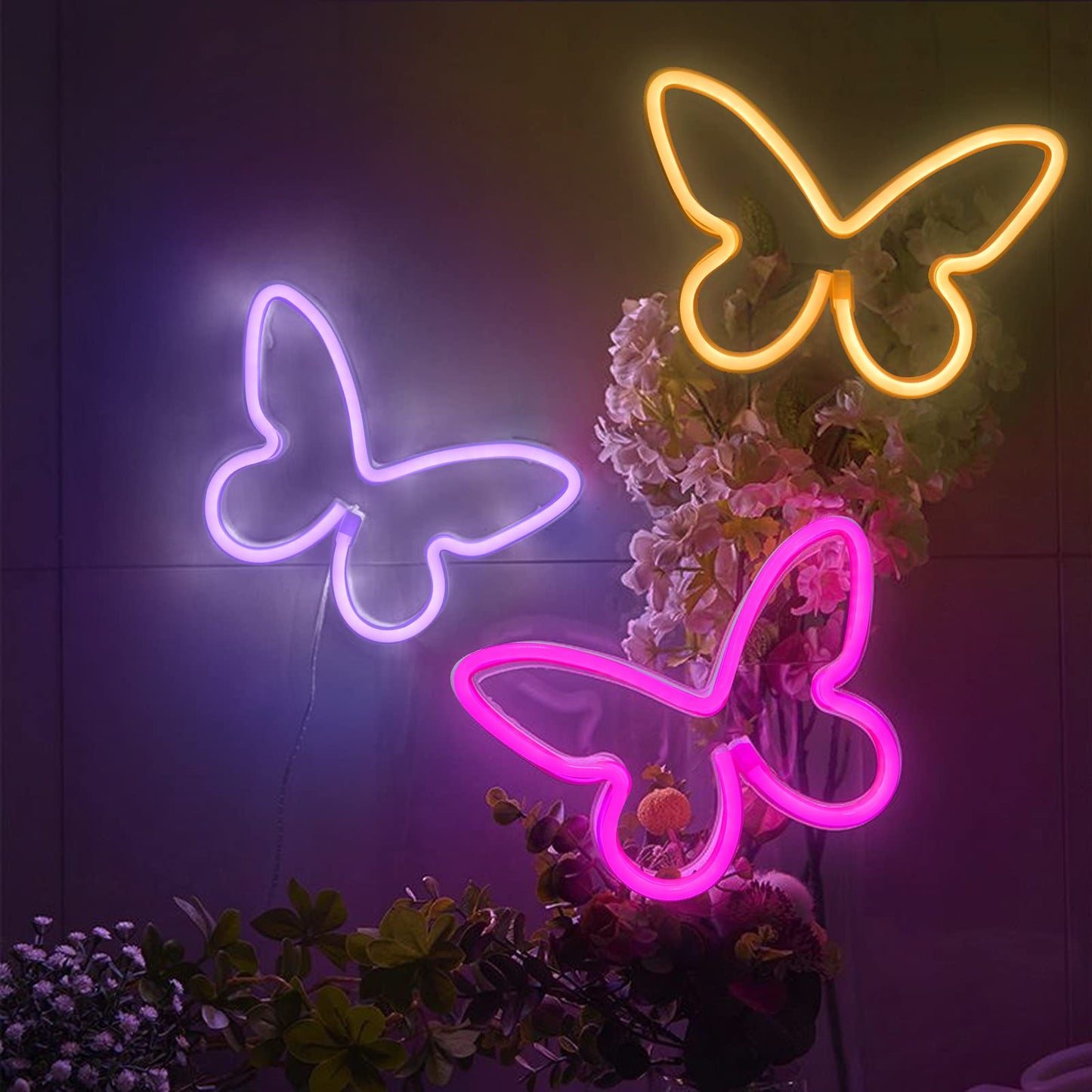 BRIGHTDECK 3 Pcs Butterfly Neon Signs, Neon Light for Bedroom, USB or 3-AA Battery Powered LED Wall Décor for Valentines Day Birthday Gift, Wedding