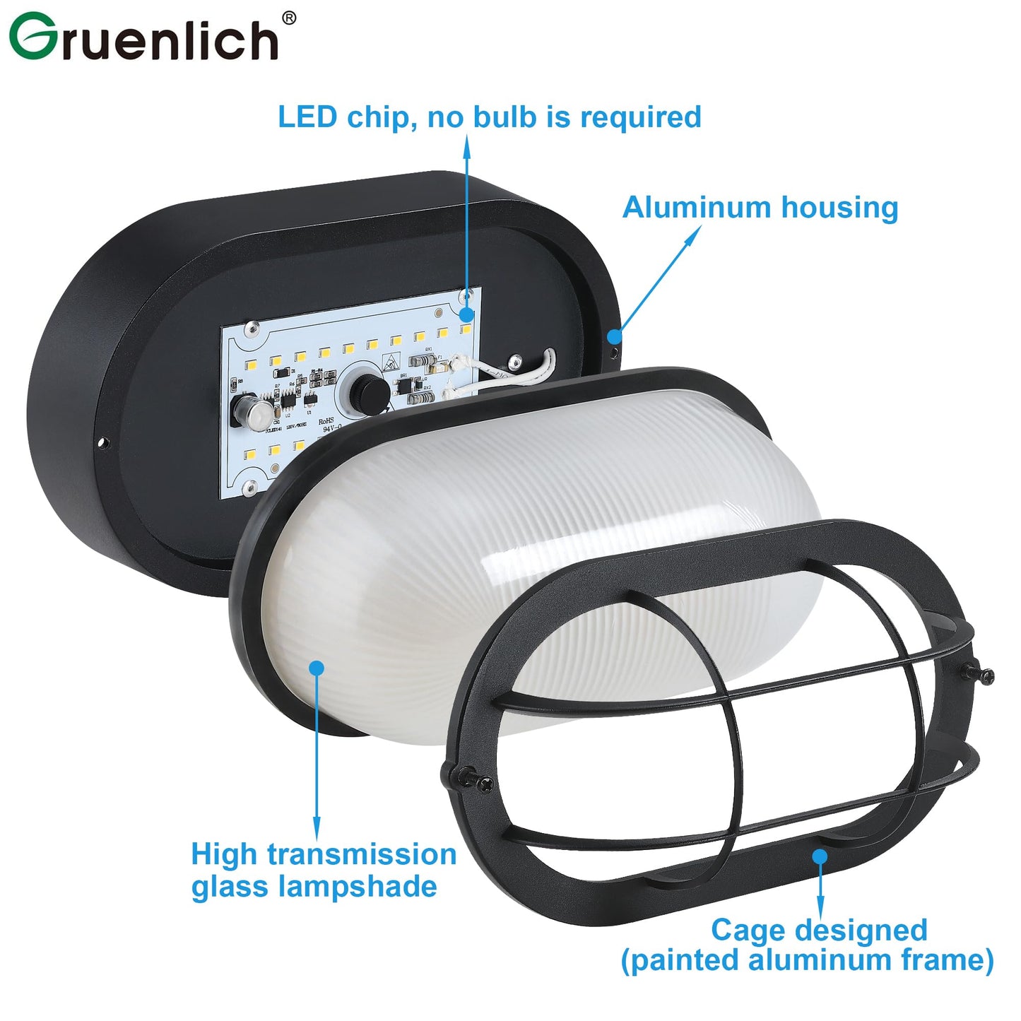 GRUENLICH LED Bulkhead Light, Flush Mount for Wall or Ceiling, 6W, 600 Lumen, Dimmable 5000K Daylight White, Aluminum Housing, Outdoor Rated, Black