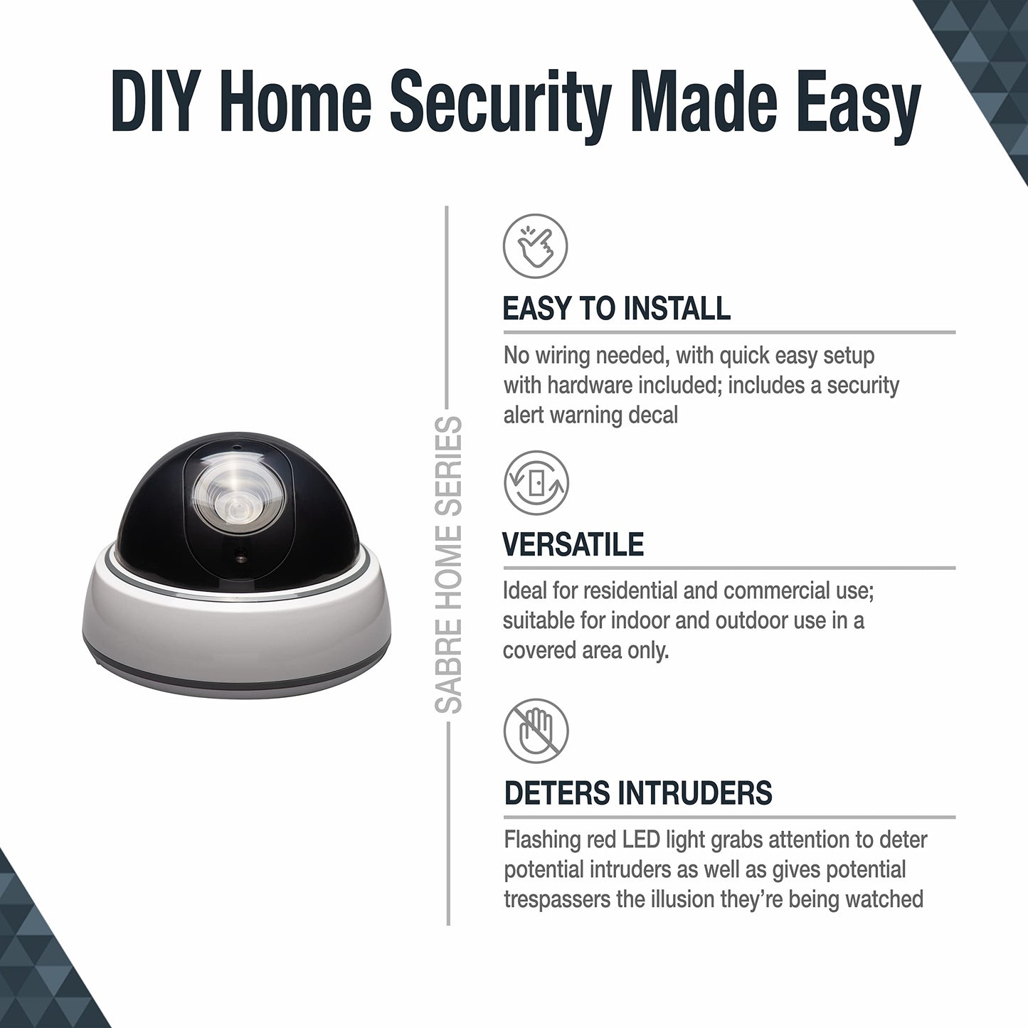 SABRE Fake Dome Security Camera, Flashing Red Light For Nighttime Visibility, Realistic Design Deters Intruders, Battery Operated, No Wiring Required