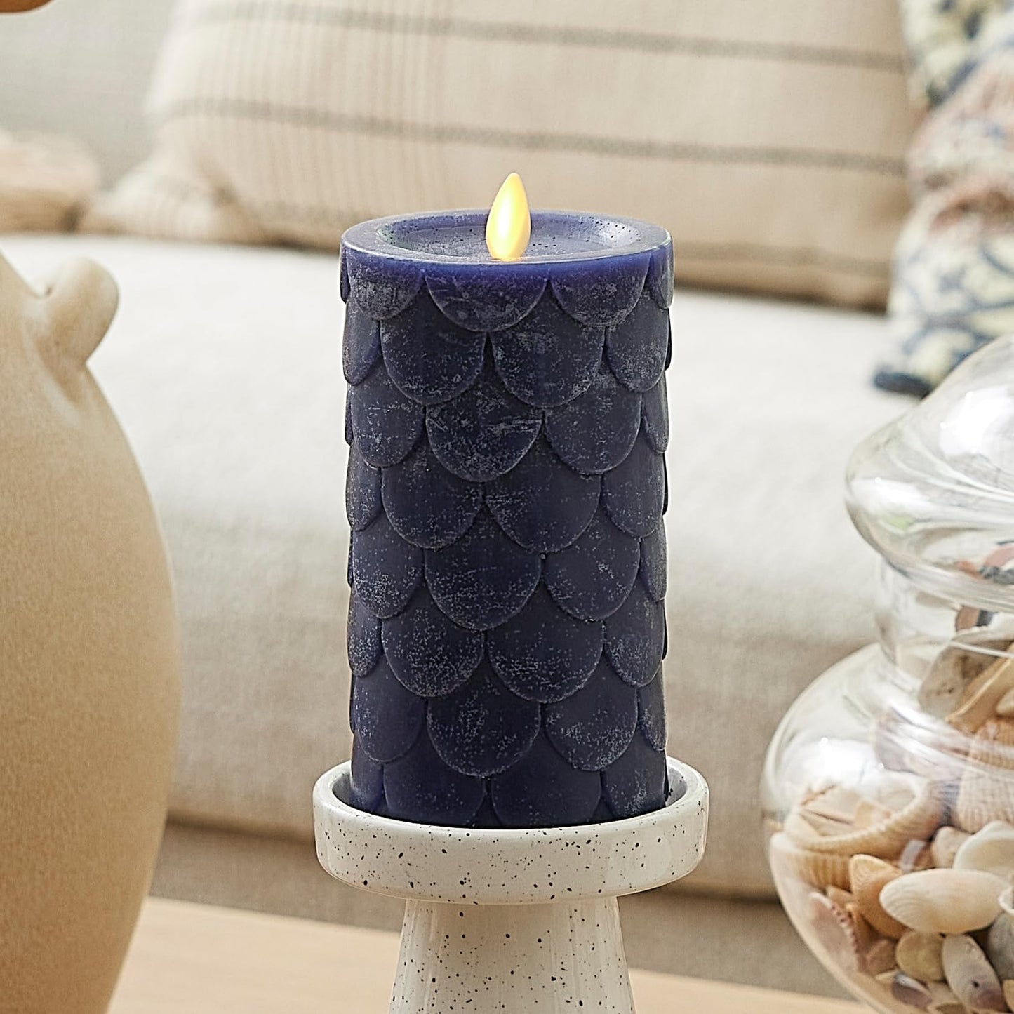 Luminara Embossed Fish Scale Flameless LED Candle, Midnight Blue, 3.25" x 6.5", Moving Flame Pillar, Battery Operated with Timer, Indoor