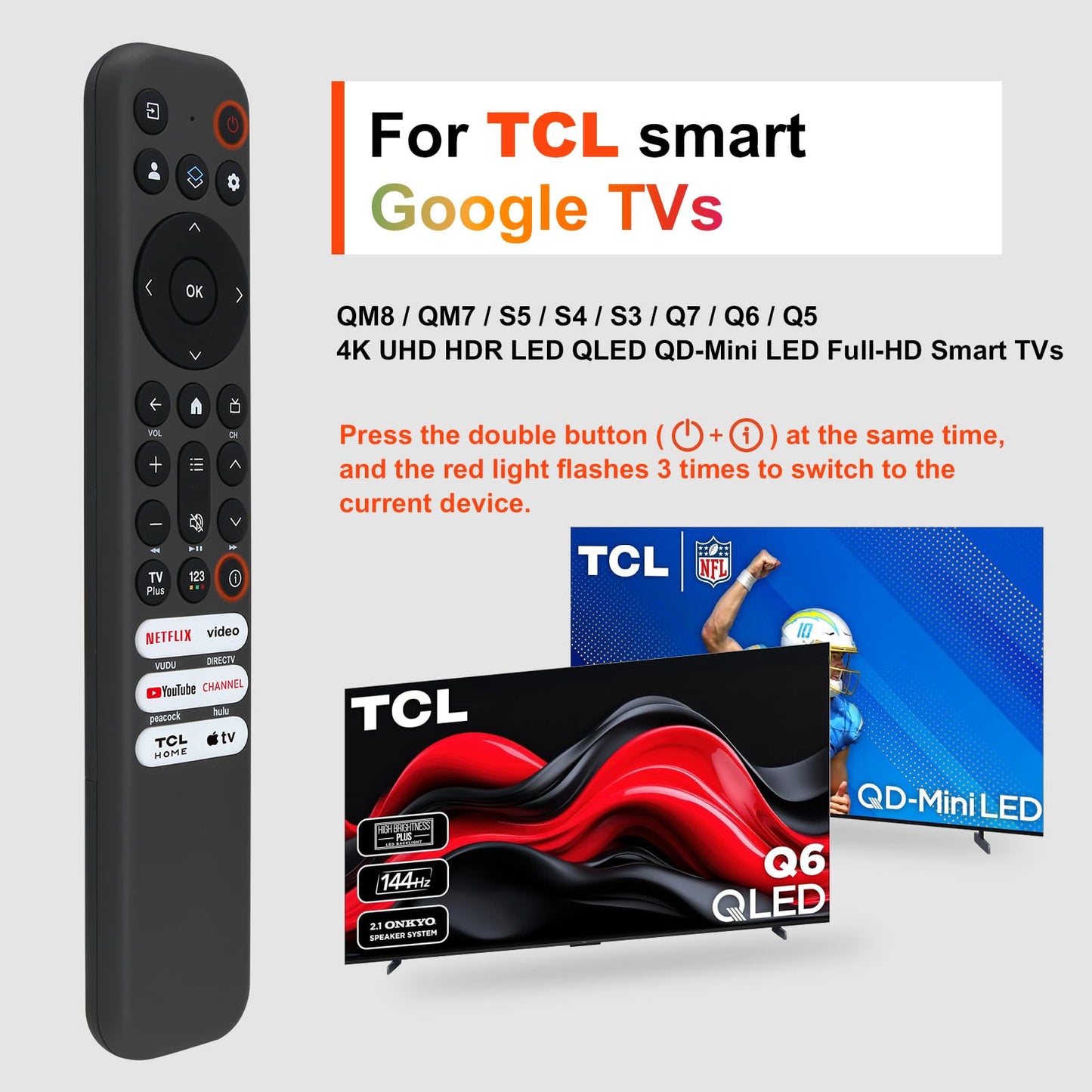 Replacement for TCL TV Remote Control, for TCL-Google/Roku-TV, Compatible with FHD HDR LED QLED 4K UHD Smart TV(No Voice)