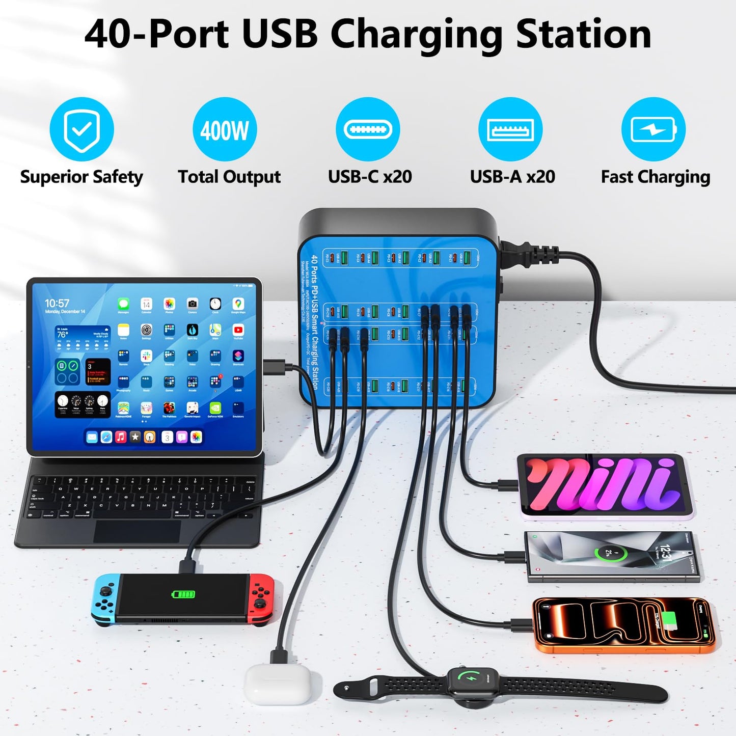 400W USB C Charger Station, 40 Ports (20 USBA+20 USBC) Desktop USB C Charger, Suitable for Multi-Device Fast Charging Station, Compatible with iPhone