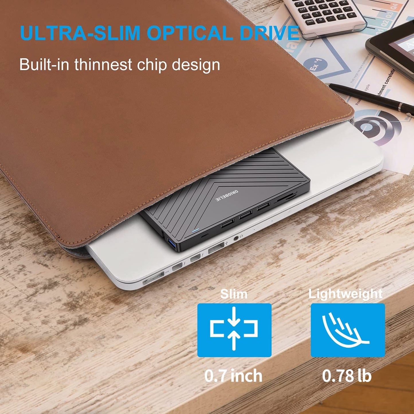 ORIGBELIE External CD DVD Drive, Ultra Slim CD Burner USB 3.0 with 4 USB Ports and 2 TF/SD Card Slots, Optical Disk Drive for Laptop Mac, PC Windows