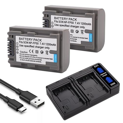 2-Pack NP-FP50 Battery with LCD Dual Charger for Sony NP-FP30 NP-FP60 NP-FP70 DCR-DVD103 DCR-DVD105 DCR-DVD202 DCR-HC16 DCR-HC18 DCR-HC19 DCR-HC20