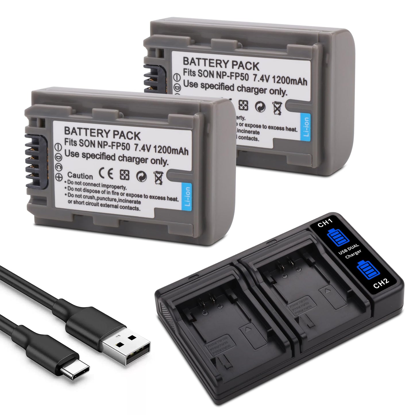 2-Pack NP-FP50 Battery with LCD Dual Charger for Sony NP-FP30 NP-FP60 NP-FP70 DCR-DVD103 DCR-DVD105 DCR-DVD202 DCR-HC16 DCR-HC18 DCR-HC19 DCR-HC20