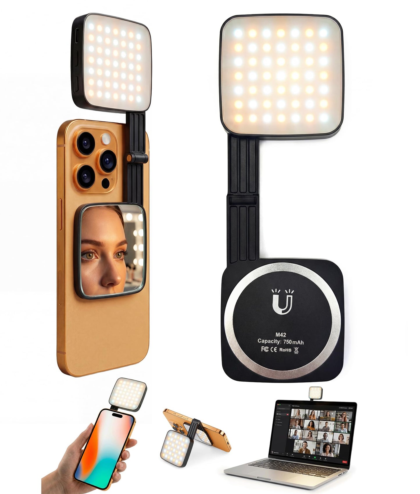 LOUERN Magnetic Dual-Sided Selfie Light Compatible with MagSafe iPhone, 42LEDs per Side, CRI95+ Rechargeable Portable & Foldable Phone Light