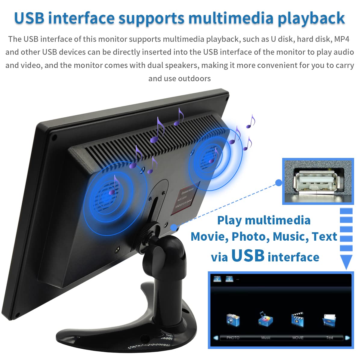 Qcvoruno 10.1 inch Security Monitor & Displays, 1024 * 600 Resolution, HD/BNC/AV/VGA/USB Input, Built-in Dual Speakers Portable LCD Monitor, Suitable