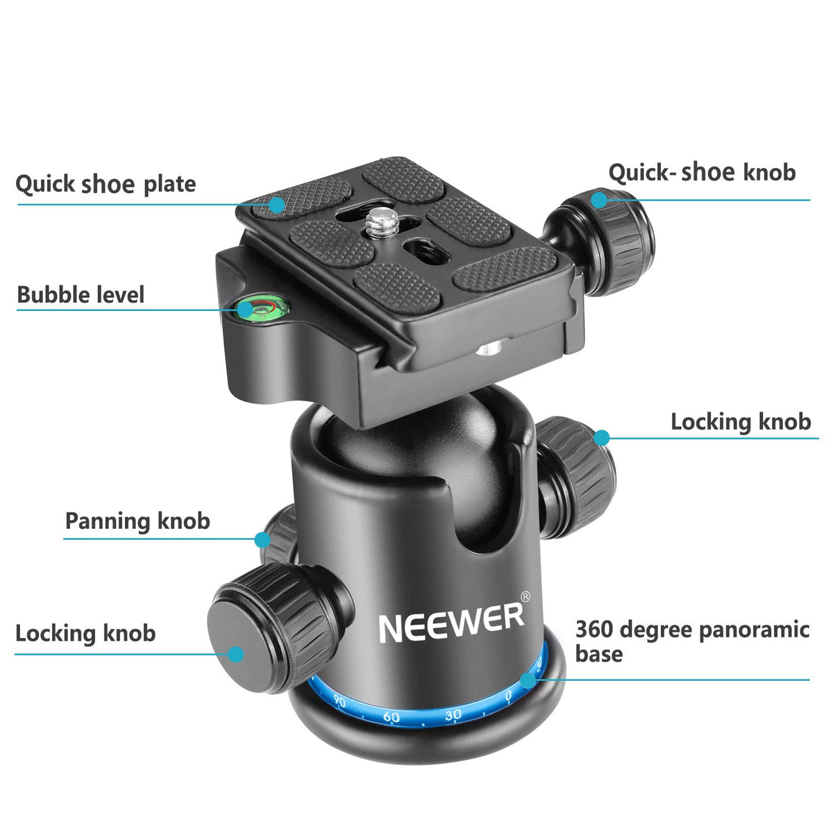 NEEWER 36MM Tripod Ball Head 360° Panoramic Metal with Arca Type Quick Release Plate, 1/4" Screw 3/8" Thread Mount, Max Load 17.6lb/8kg, Tripod Head
