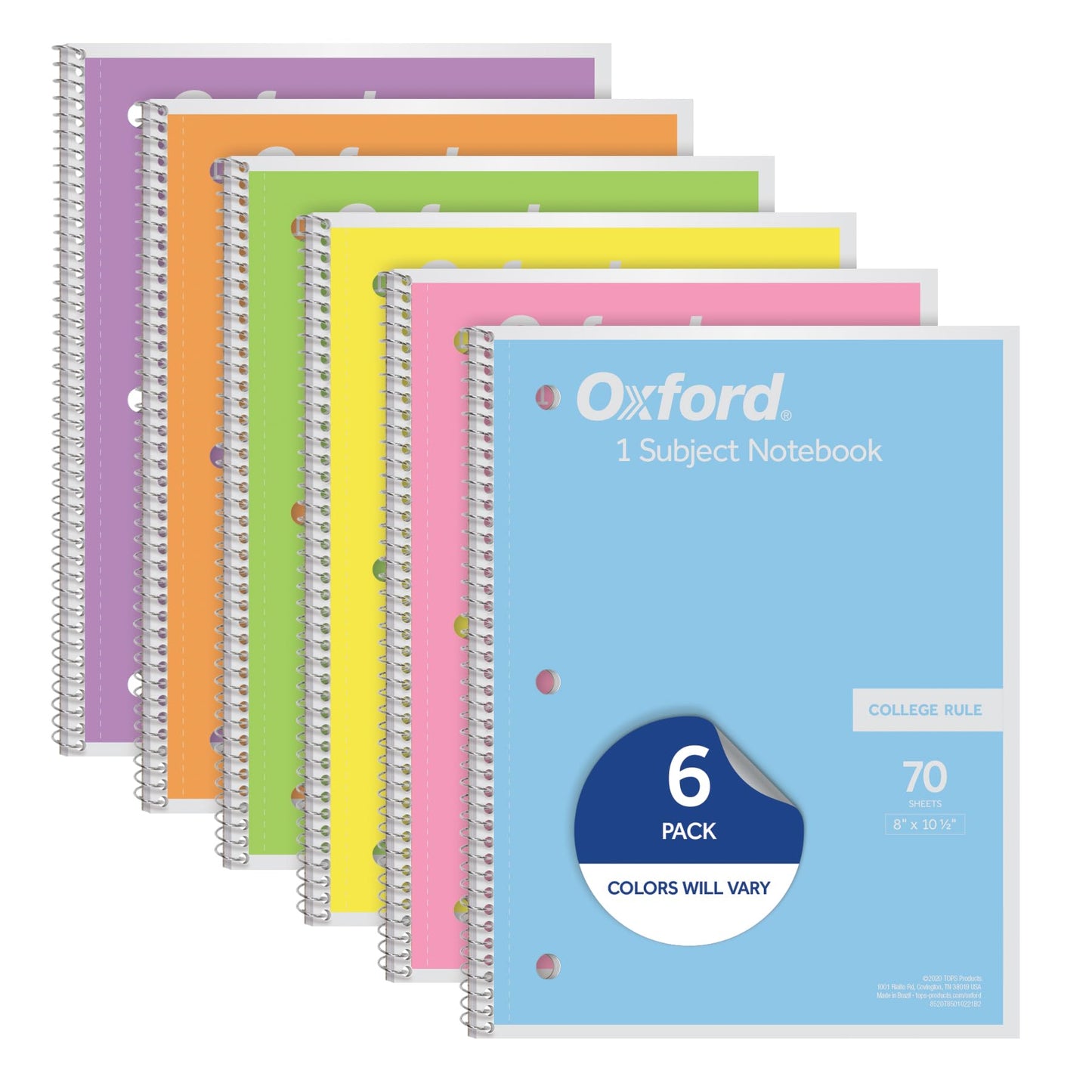 Oxford Spiral Notebook, 1 Subject, College Ruled Paper, 8 x 10-1/2 Inch, Pastel Pink, Orange, Yellow, Green, Blue and Purple, 70 Sheets (63756), Set