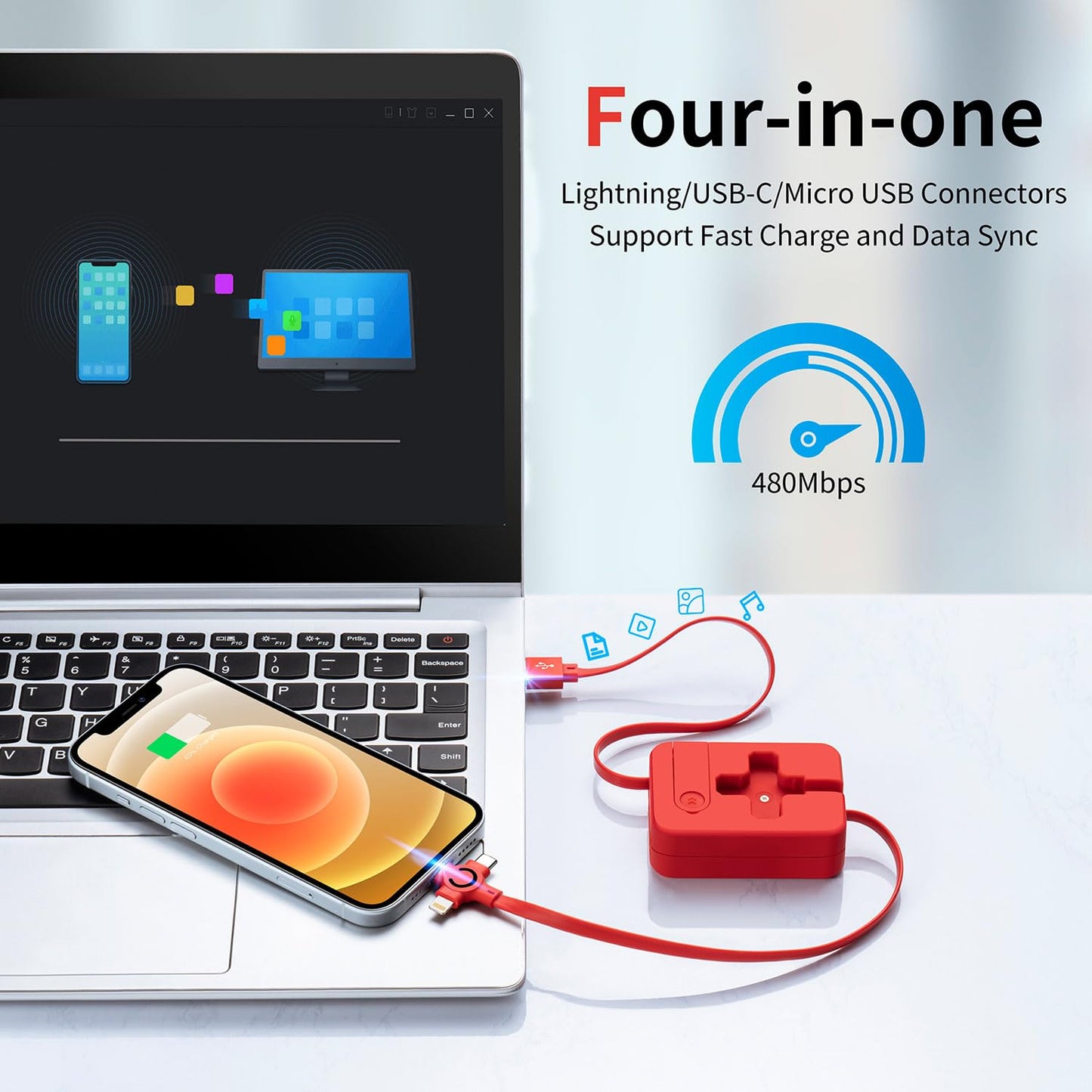 Multi Charging Cable 3A, 4Pack 3 in 1 Retractable USB Charger Cable with USB C/Micro Port, Phone Holder, Multiple Fast Charging Cord for Cell Phones