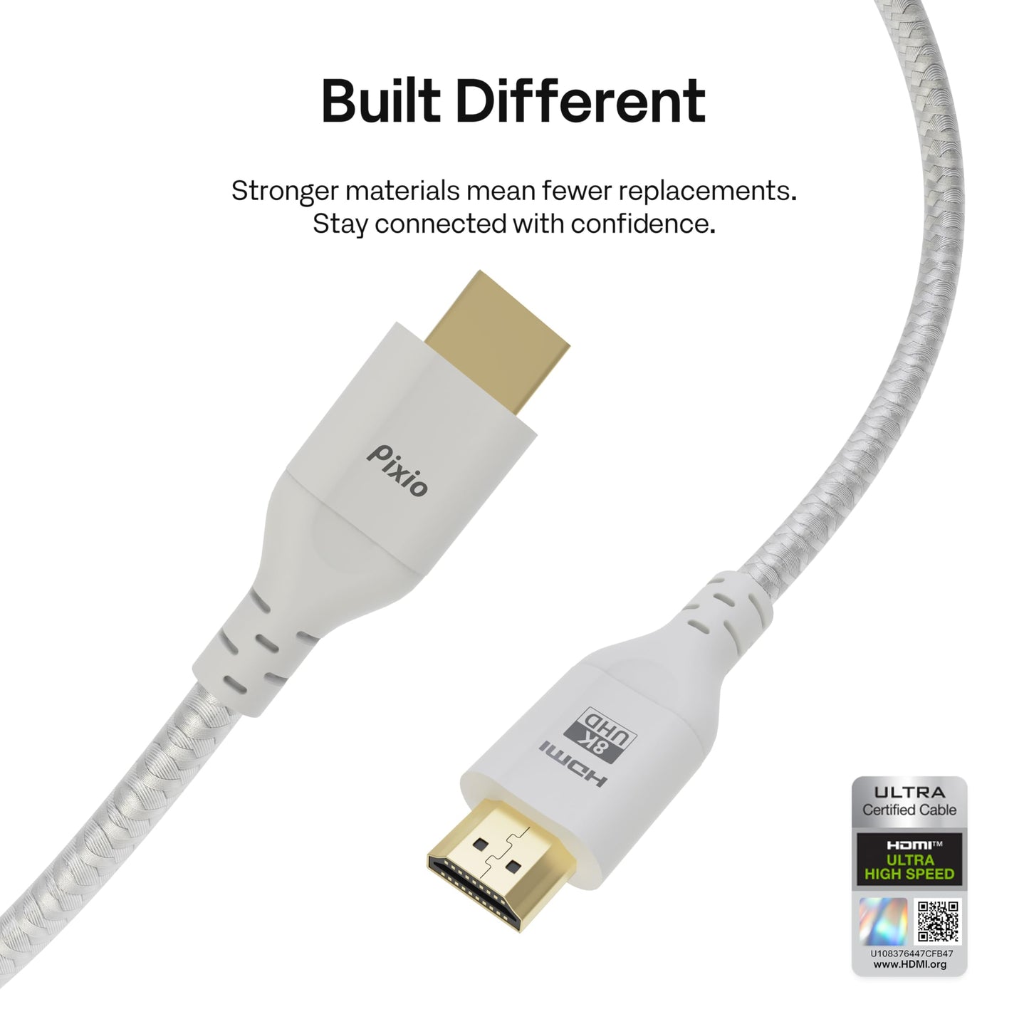 Pixio White 8K HDMI 2.1 Cable Ultra Certified Ultra High Speed 10FT 8K 60Hz 4K 120Hz Nylon Braided Gold Plated Connector Anti-Breakage HDR10+ DTS eARC