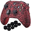 YoRHa Printing Rubber Silicone Cover Skin Case for Xbox One S/X Controller x 1(Flowers red) with PRO Thumb Grips x 8