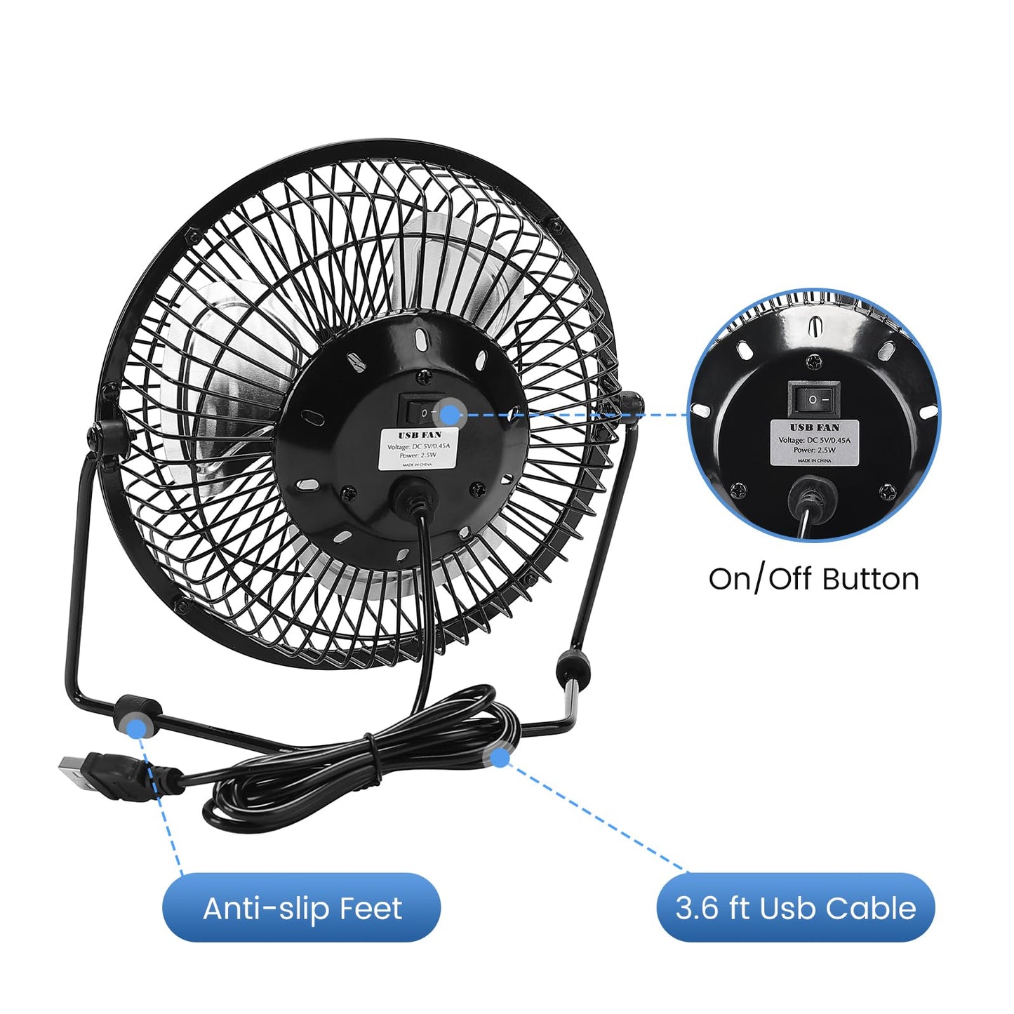 Fanspex 6" Small USB Desk Fan for Home Office Bedroom Desktop, Black