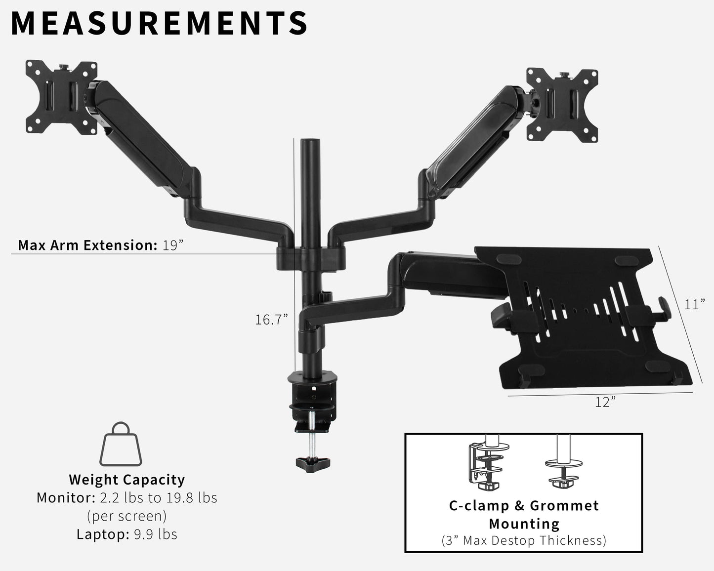 VIVO Laptop and Dual 17 to 32 inch Monitor Pneumatic Arm Mount, Fits 2 Flat or Curved Computer Screens and 10 to 15.6 Inch Notebooks, Laptop Tray