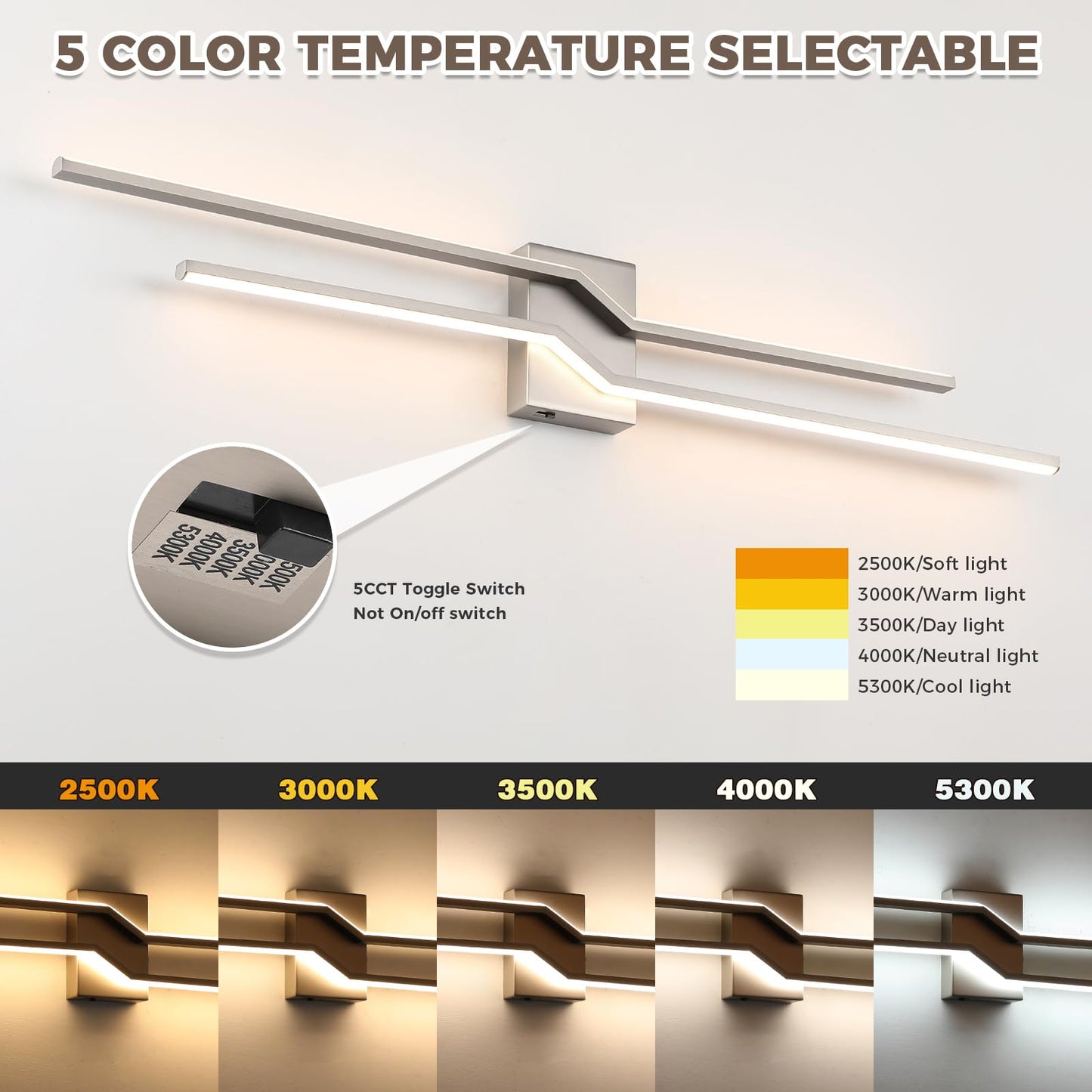 Pasoar 39.4 Inch Vnaity Lighting Led Bathroom Lights Over Mirror Brushed Nickel Dimmable 5CCT 36W Modern Bath Vanity Lights Bar Wall Sconces