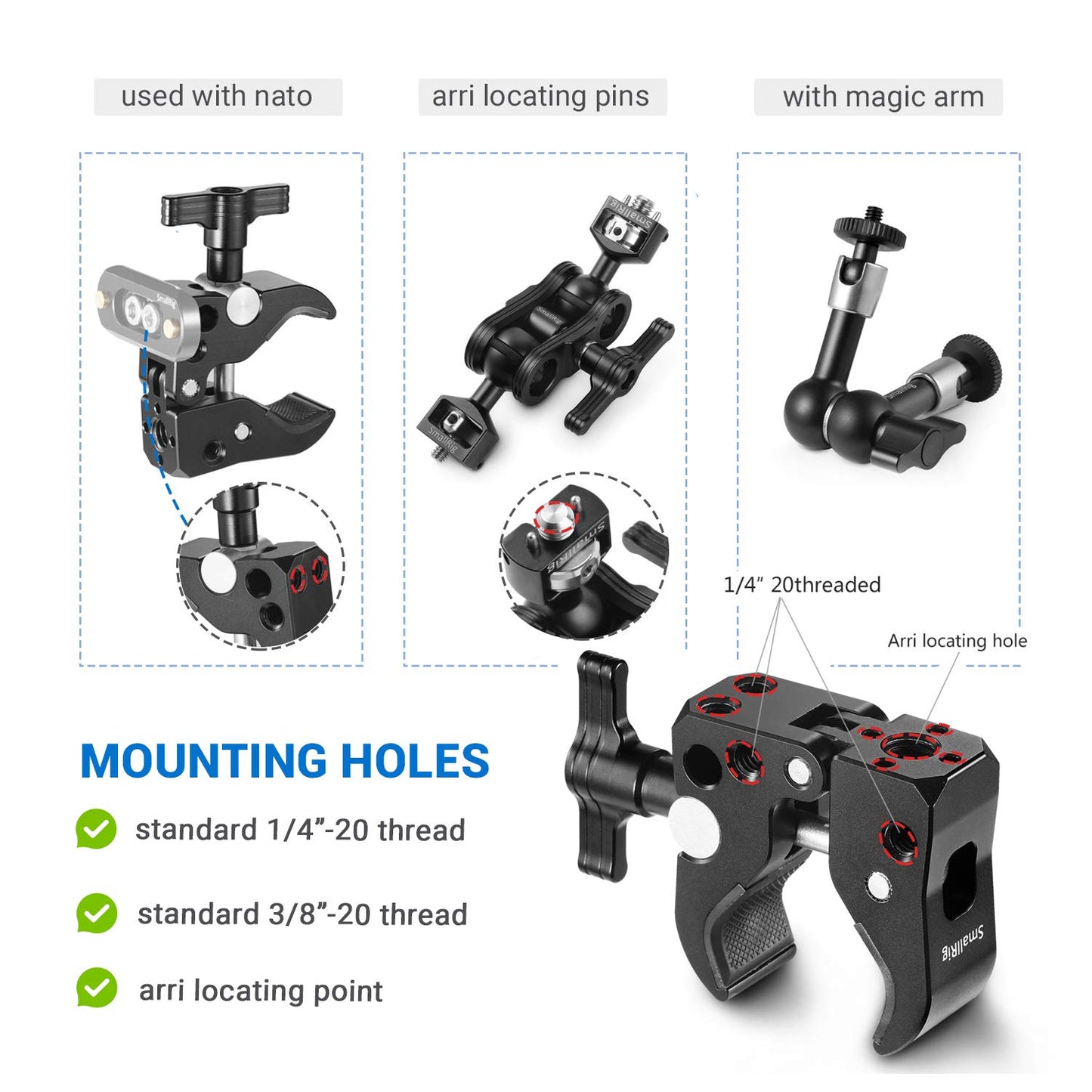 SMALLRIG Super Clamp with 1/4"-20 Thread Holes, 3/8"-16 Locating Pin for ARRI Standard, T-Shaped Wingnut and Rubber Pads