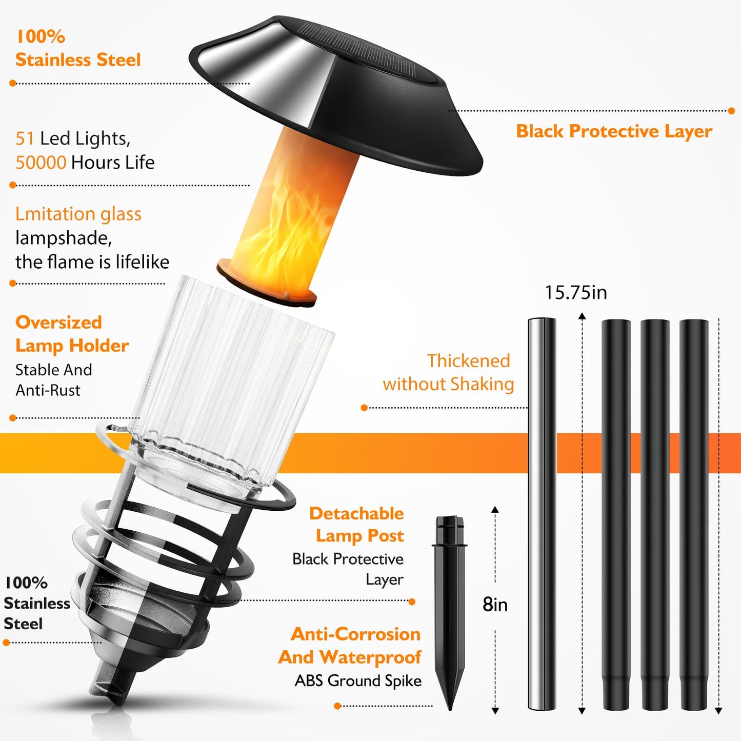 ZOOHAR Solar Outdoor Lights,Extra-Tall Solar Torches with Flickering Flame 4-Pack Waterproof Garden Lights,Stainless Steel Pathway Lighting Garden