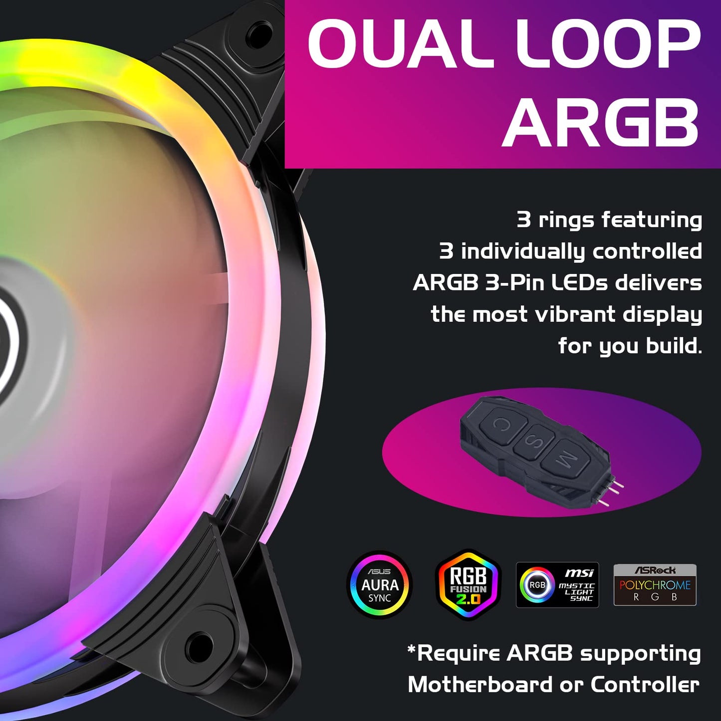 DS Computer Case Cooling Fan for PC Cases, 120MM LED RGB Fan Compatible with ASUS Aura Sync or MSI Mystic Controlfor for Water Cooler System or