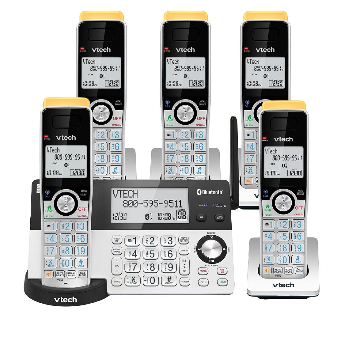 VTech Super Long Range 5 Handset DECT 6.0 Cordless Phone for Home with Answering Machine, 2300 ft Range, Call Blocking, Bluetooth, Headset Jack, Power