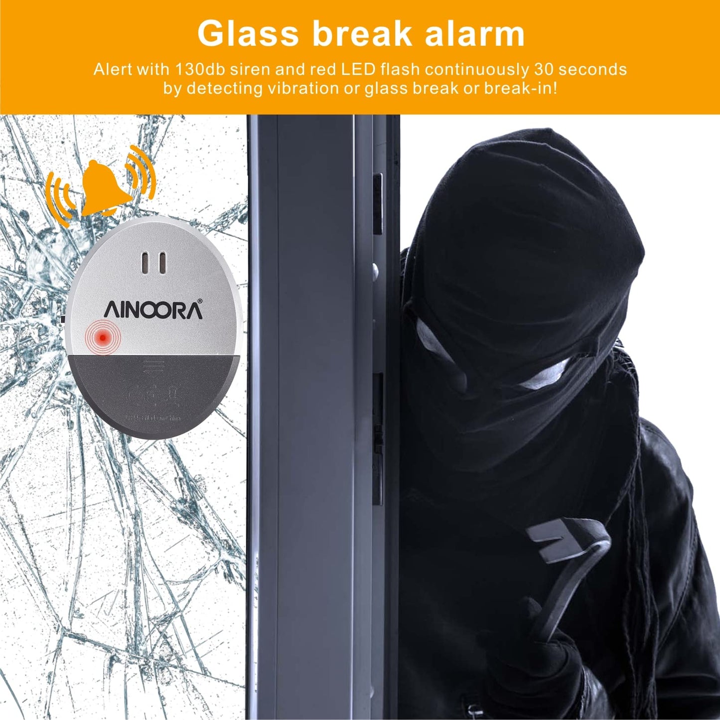 Window Alarm Sensors 4 Pack, Glass Break Sensor 130DB Loud Window Vibration Alarms, Burglar Intruder Entry Detector for Indoor Home Office Apartment