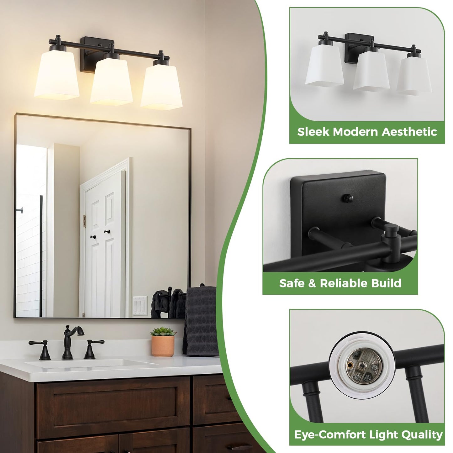 ECOBRT 3-Light Bathroom Light Fixtures, 20" Black Modern Vanity Lights with Glass Shade, Bathroom Wall Lamp for Mirror Kitchen Living Room Hallway