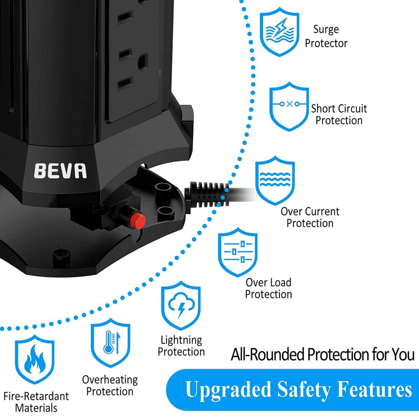 Power Strip Tower Surge Protector BEVA 10ft Flat Plug Desktop Charging Station 9 AC Outlets 4 USB Ports, 900 Joules, Long Extension Cord for Home
