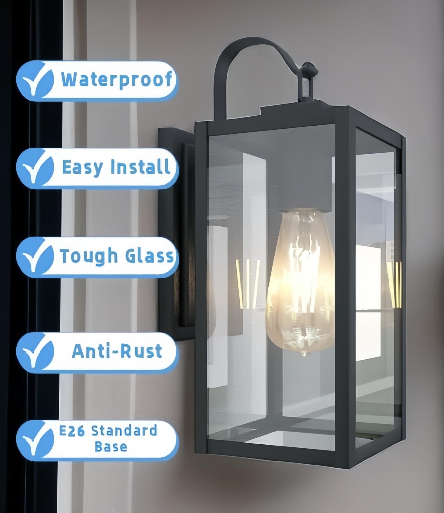 WISBEAM Black 13.7in Outdoor Wall Lantern for House, Black Outdoor Porch Sconce Light Fixture, E26 Base 60W Max, Metal Housing Plus Glass, ETL