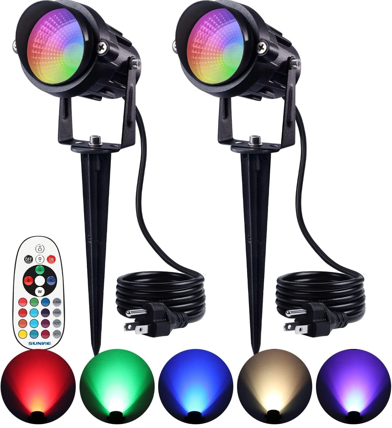 SUNVIE 2-Pack RGBW Spotlight Outdoor 12W LED Color Changing Landscape Lights with Remote Control 120V RGB Landscape Lighting Waterproof Spot Lights