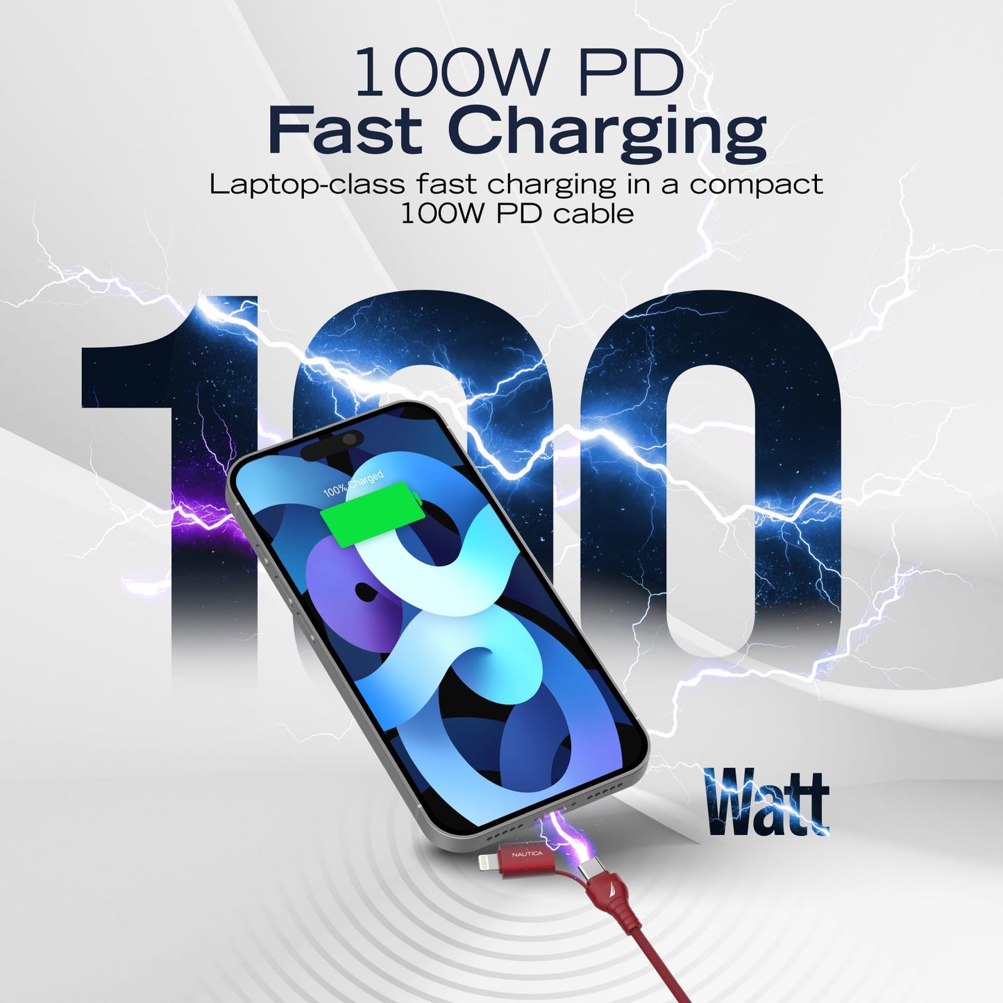 Nautica Urban CB405 100W Fast Charging Cable, USB-C & USB-A to Lightning and Type-C, Compatible with iPhone 17/16/15/14 Series, Samsung Galaxy