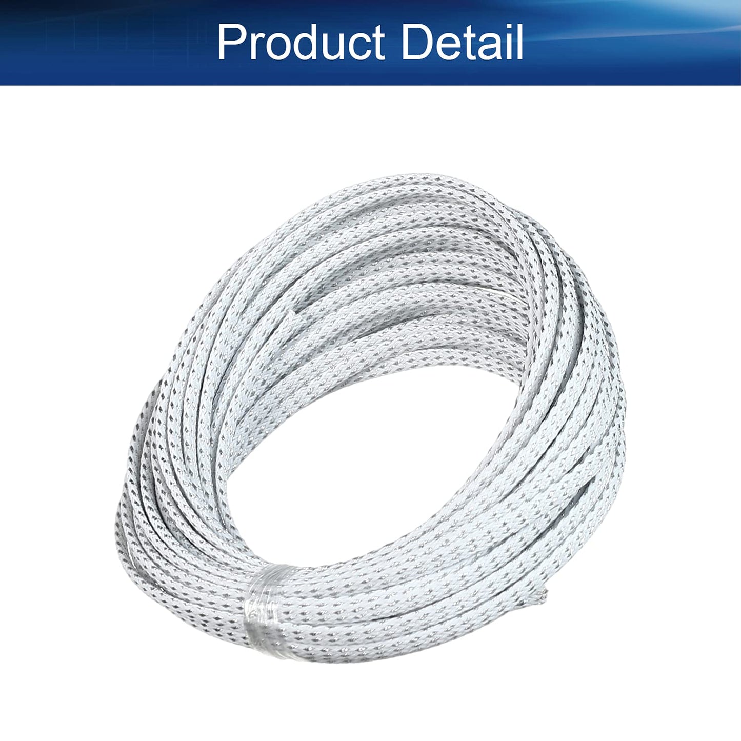 Bettomshin 1Pc 32.8Ft(10m) Cable Management Sleeve, 3/16"(4mm) Width PET Silver & White Cord Protector, Wire Loom Tube Insulated Split Sleeving