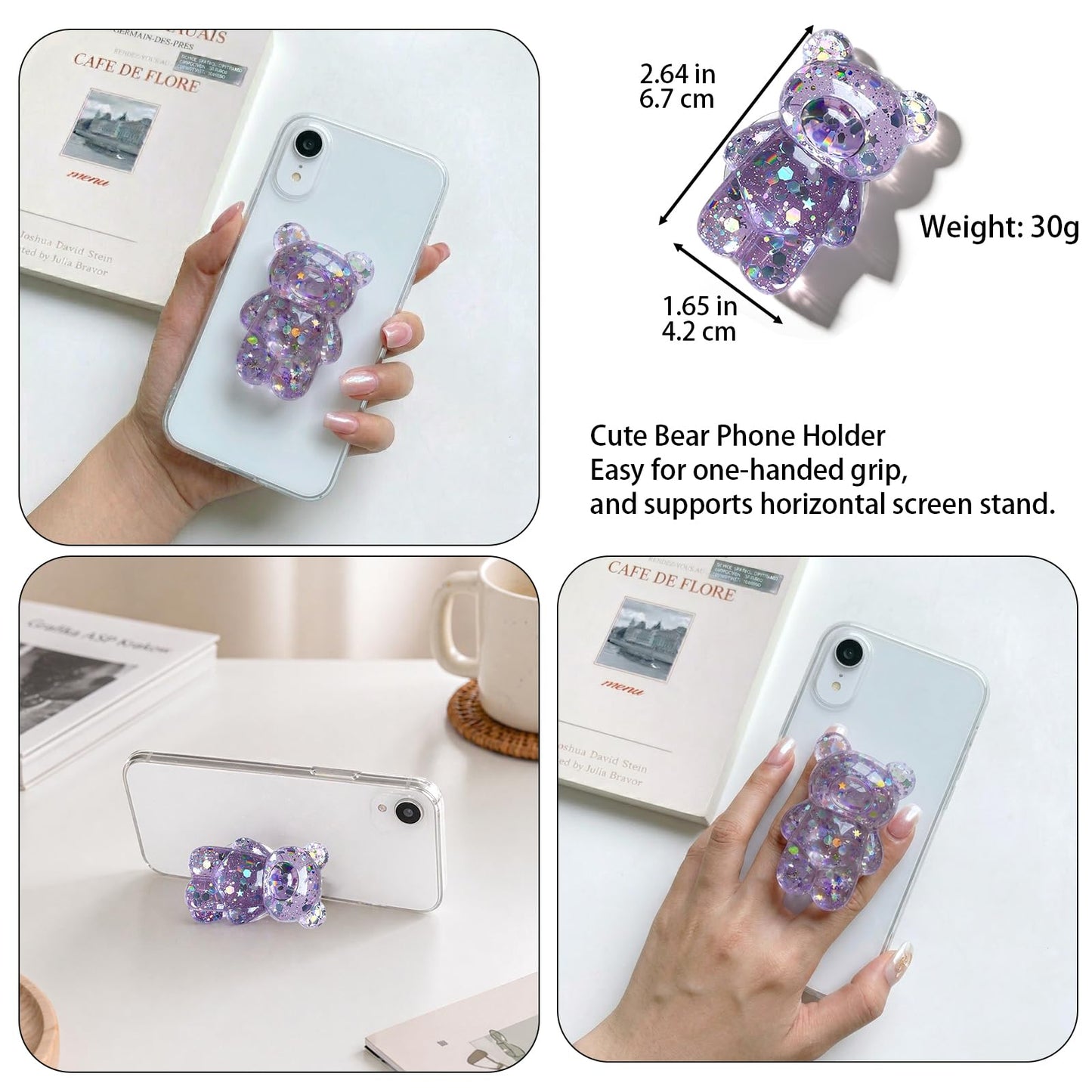 1 Pc Lilac Cute Phone Grip, Airbag Support Bear Phone Holder, Epoxy Sequins 3D Cute Bear Phone Grip Tok Folding Bracket for Mobile Phones