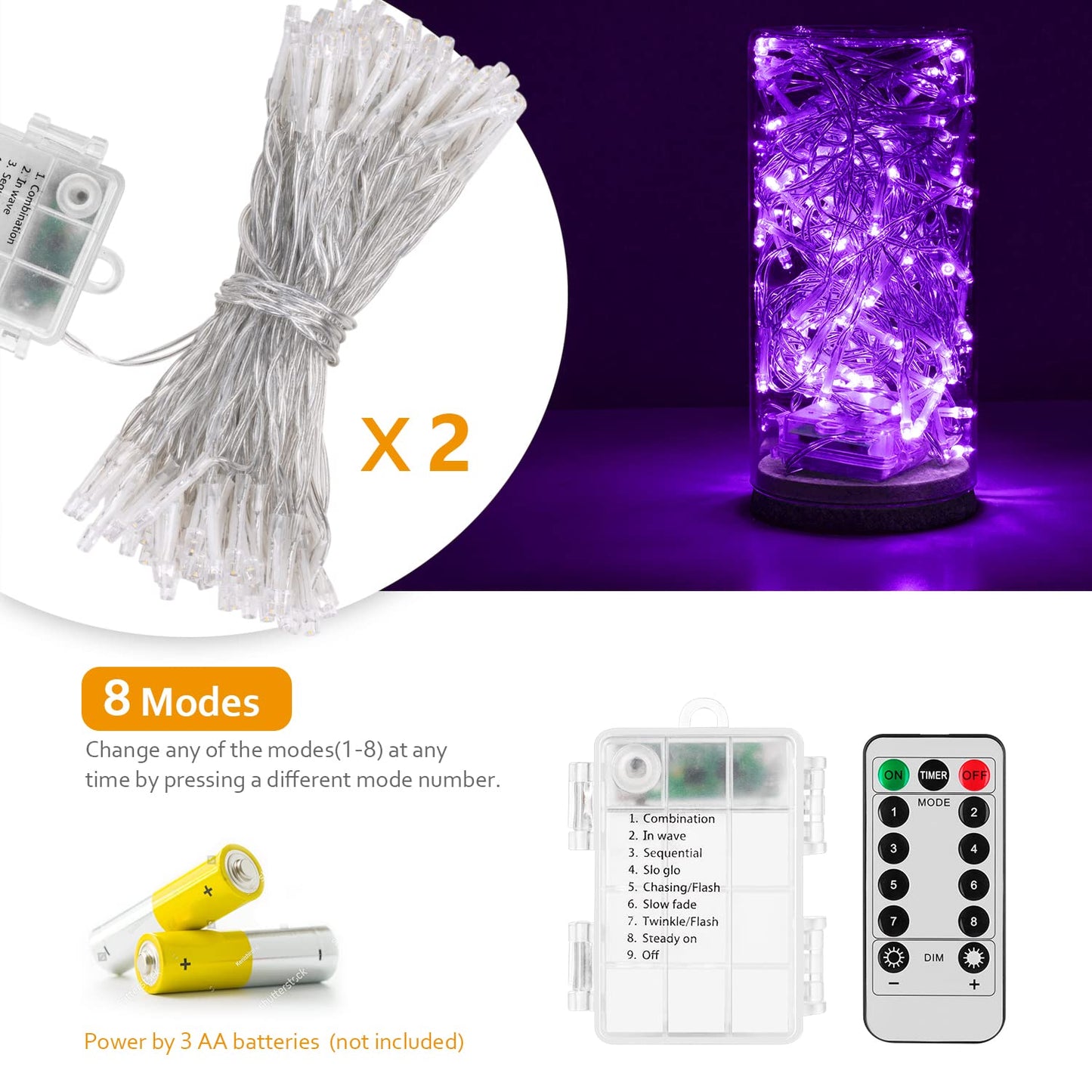 Koxly String Lights, 2 Pack Battery Operated String Lights with Remote Timer Waterproof 8 Modes String Lights for Bedroom,Garden,Party,Xmas Tree