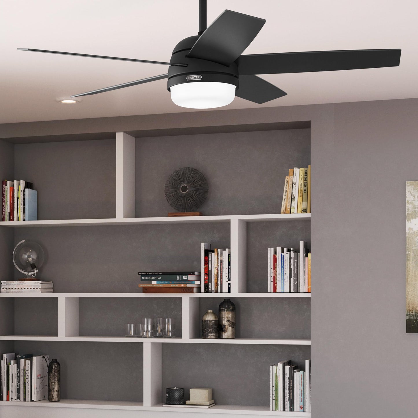 Hunter Fan 52 inch Ceiling Fan with Lights and Remote Control, Matte Black, Reversible Blades, Indoor/Outdoor Ceiling Fan for Kitchen, Bedroom, Living