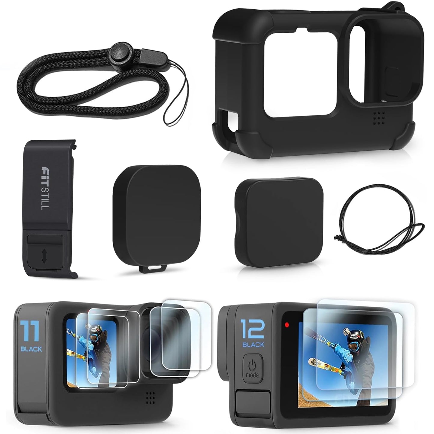 FitStill Silicone Sleeve Protective Case for Go Pro Hero 12/Hero 11/Hero 10 /Hero 9 Black, Battery Side Cover & Lens Caps & Screen Protectors