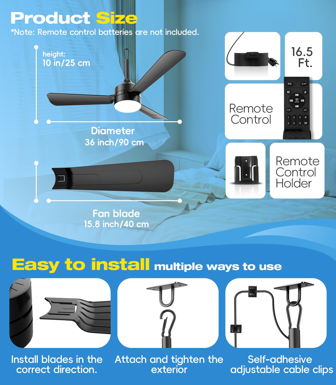 aetherlume 36 inch Plug-in Ceiling Fan Light with Remote Control,gazebo fan light,3 Blade, Dimmable 3CCT LED, Reversible,Portable Hook Design with16ft