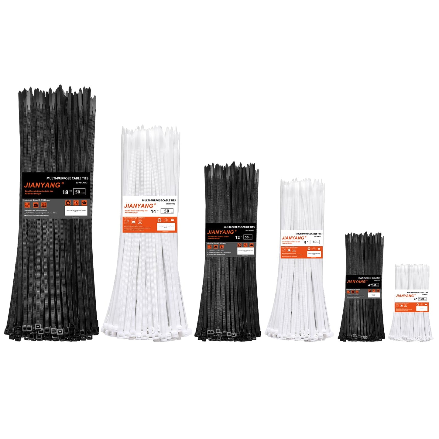 Zip Ties Assorted Size,4+6+8+12+14+18 Inch Double Sided Toothed,100 LBS Tensile Strength Heavy Duty Cable Wire Ties With Self-Locking Adjustable