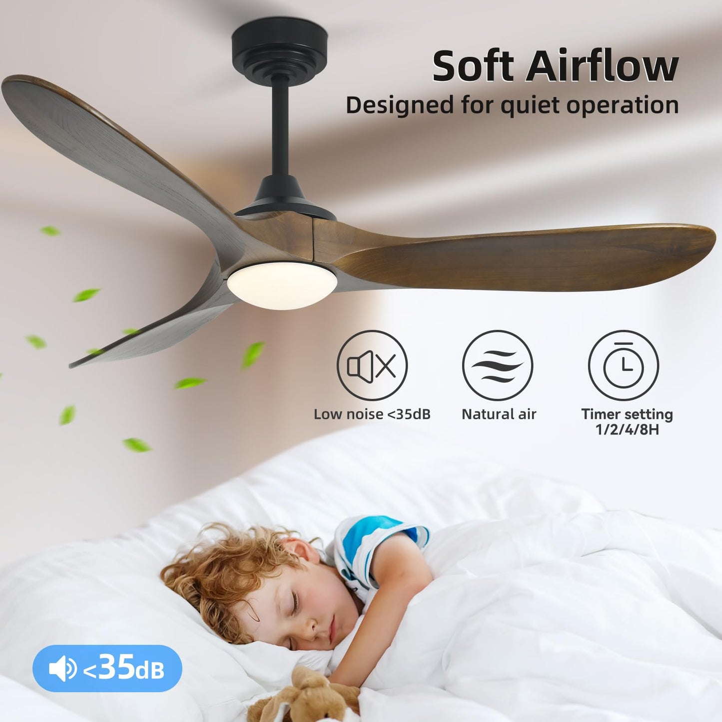 Homlit 52” Outdoor Ceiling Fan with Light, Compatible with Alexa/Google, 3 Walnut Solid Wood Blade, Noiseless Reversible Dc Motor, Smart Outdoor Wood