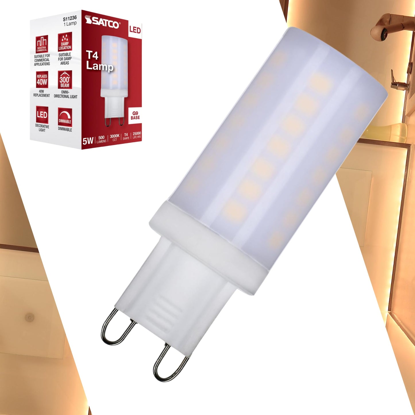 Satco S11236, G9 LED Bulb, 3000K, Frosted, Dimmable, Replacement Bulb, 120V