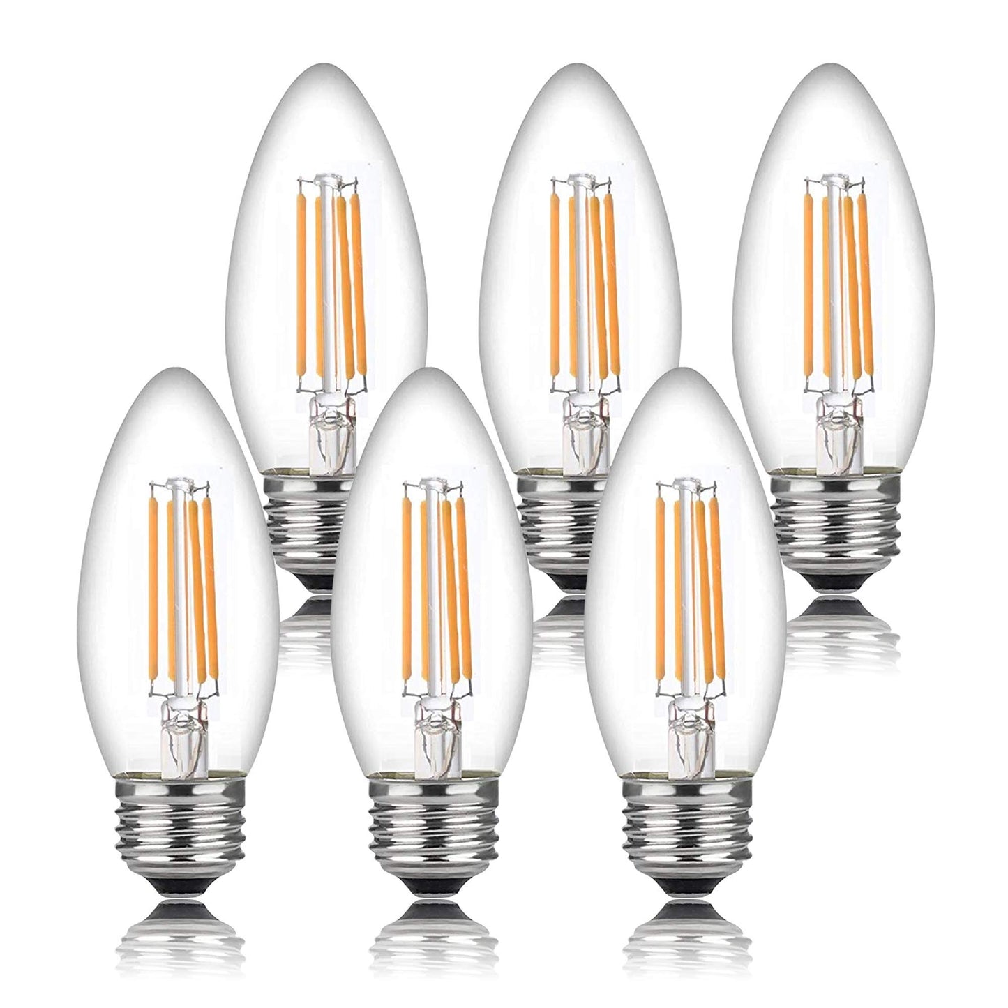 Bioluz LED 93 CRI Dimmable Filament Candelabra Light Bulbs | E26 Base C37 | Clear LED Candle Lights (Uses only 5W) | Energy Efficient 6-Pack | 60W