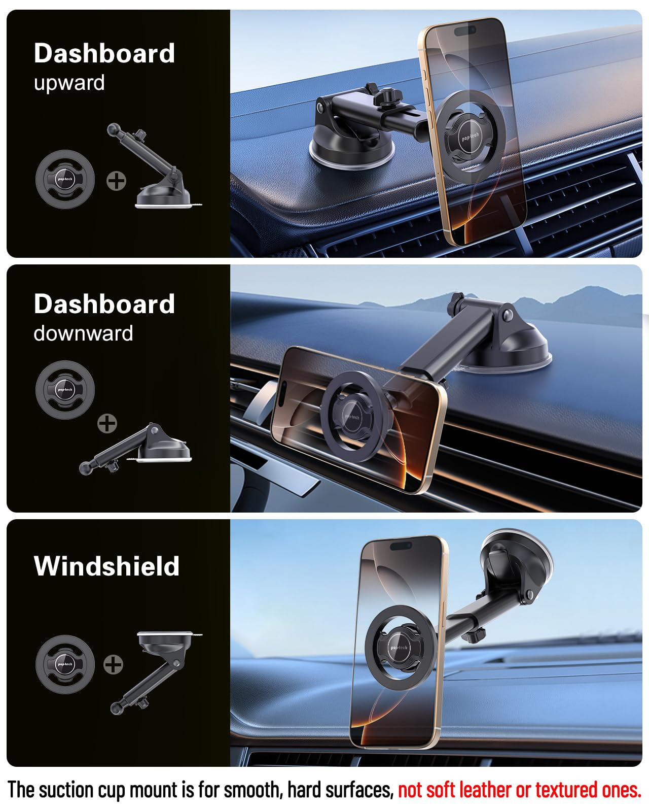 pop-tech for Magsafe Car Mount, Windshield Ultra Magnetic Phone Holder for Car, Dashboard Adjustable Military Suction Cup Phone Mount for iPhone 16