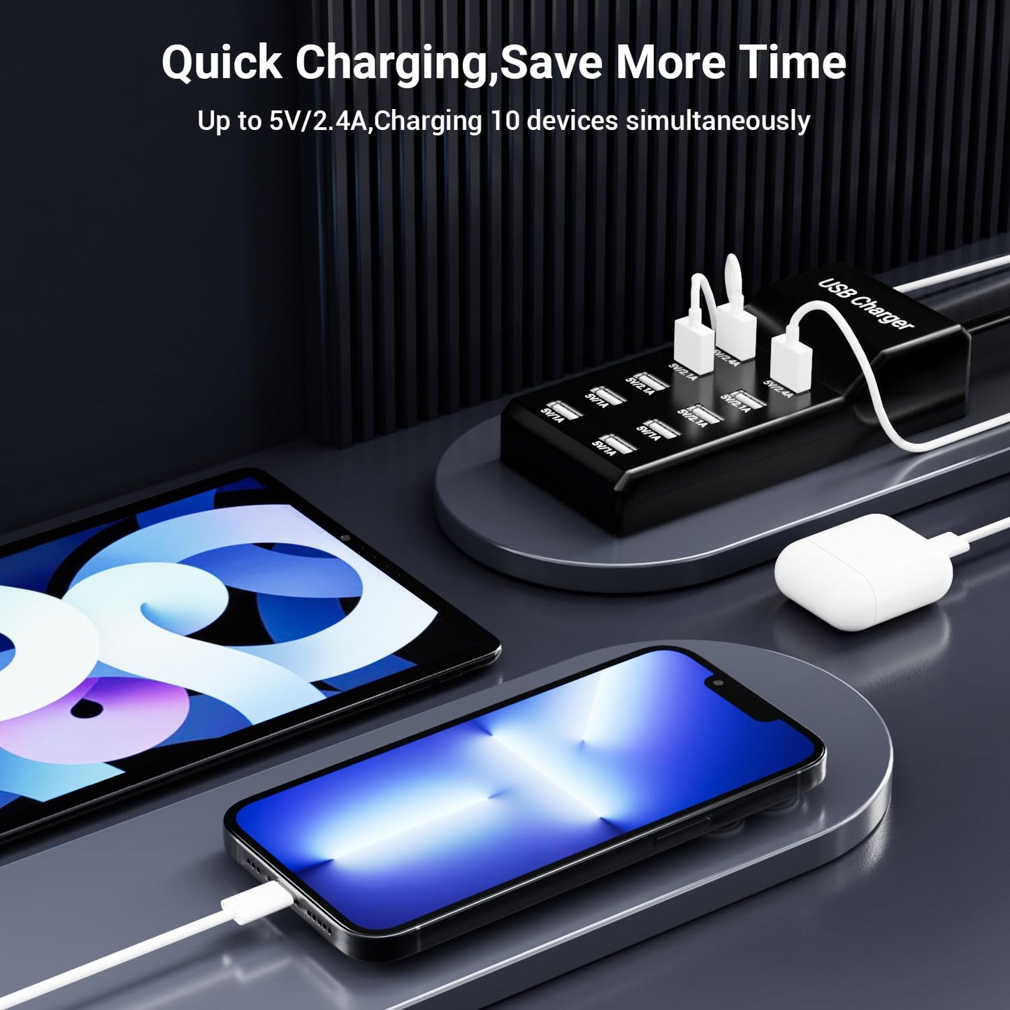 USB Charging Station 50w10A 10-Port Charger, Multiport Charger Hub, Compatible with iPhone, Galaxy, iPad Tablet, and Other Devices?Black?